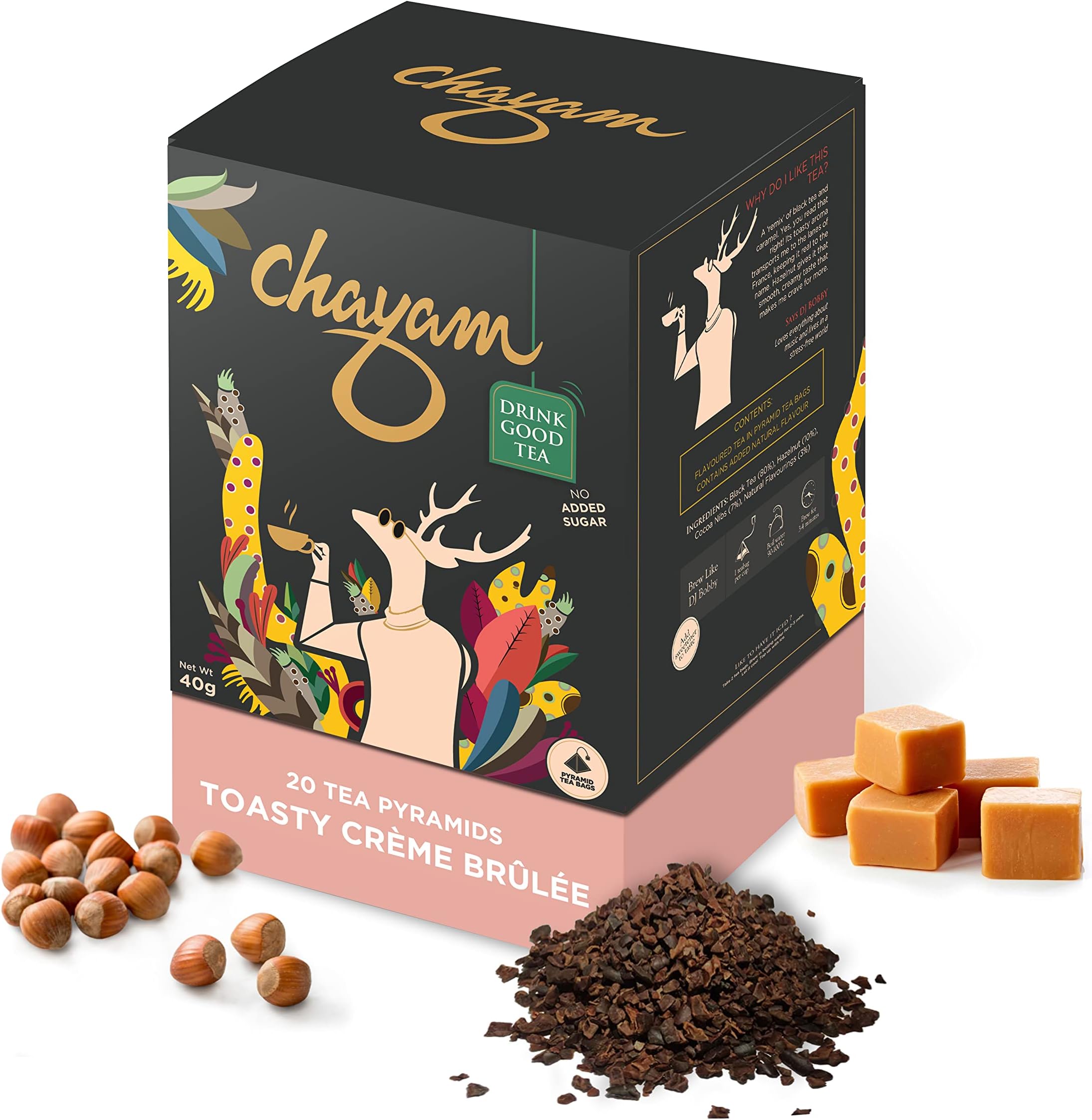 CHAYAM Creme Brulee Black Teabags | Vanilla Caramel Blend with Hazelnut & Cocoa Nibs | 20 Pyramid Tea Bags | Indulgent Dessert Tea | Zero Calorie & No Added Sugar | 100% Natural