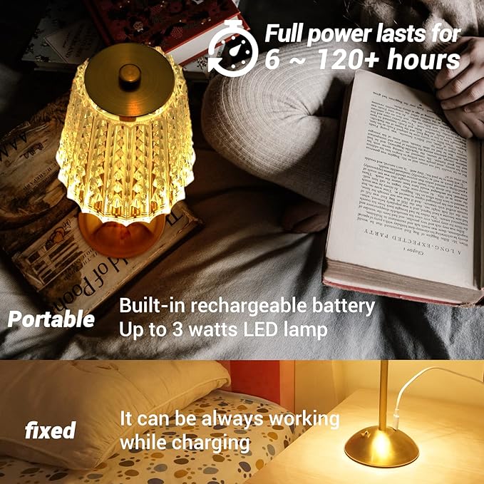 Amingulry Cordless Table Lamp, Rechargeable Battery Operated Lamp, 3 Color Modes & Stepless Dimmable LED Touch Lamp, Portable Crystal Gold Metal Beside Lamps for Bedroom Living Room Restaurant Outdoor photo 2