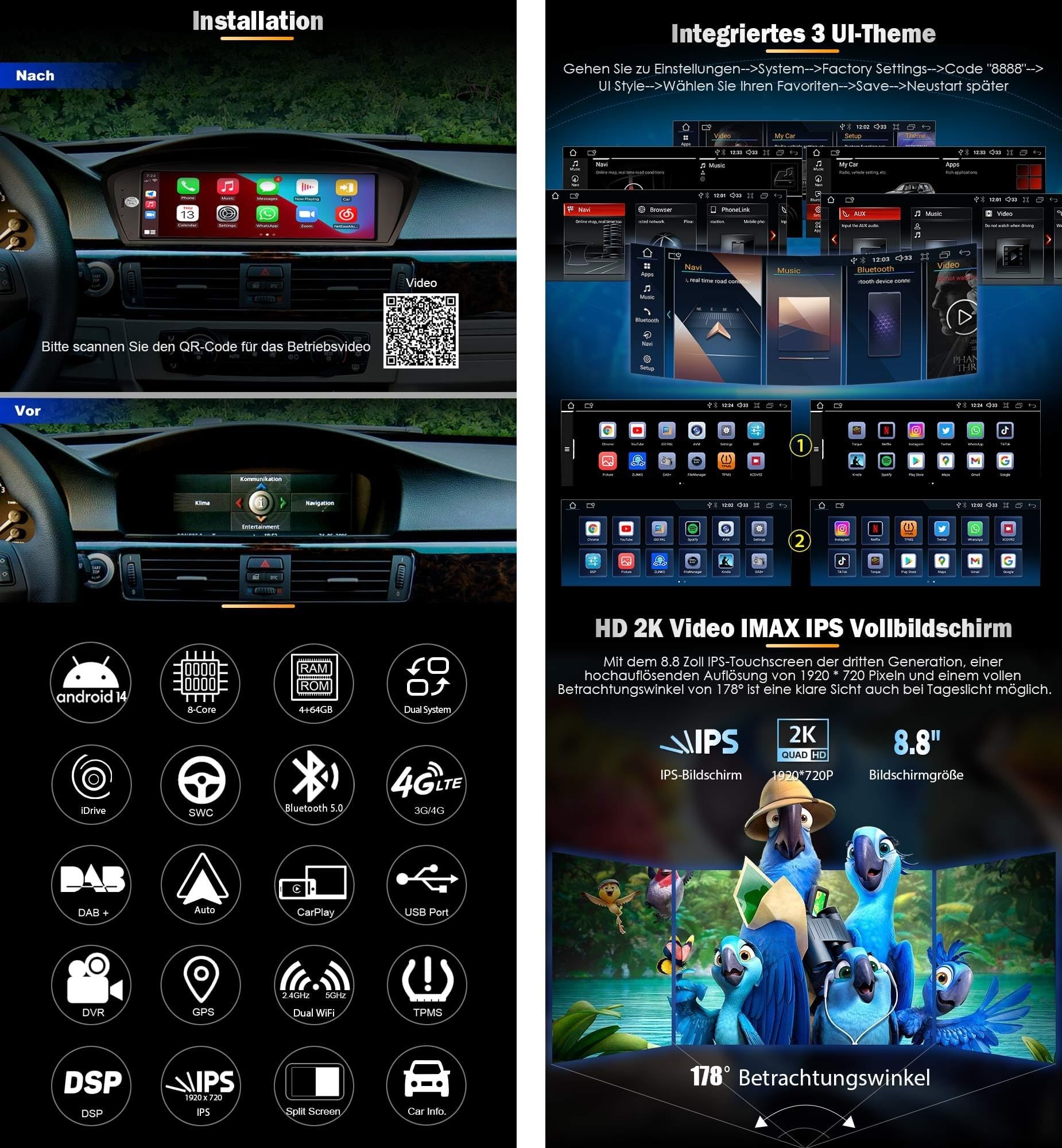 8,8" IPS Qualcomm 8-Kern Android 14 DAB+ Autoradio Für BMW 3er E90 E91 E92 E93 5er E60 E61 6er E63 E64 2005-2008 CCC GPS Navi CarPlay Android Auto WiFi Bluetooth 5.0 4GB+64GB DSP Canbus Idrive