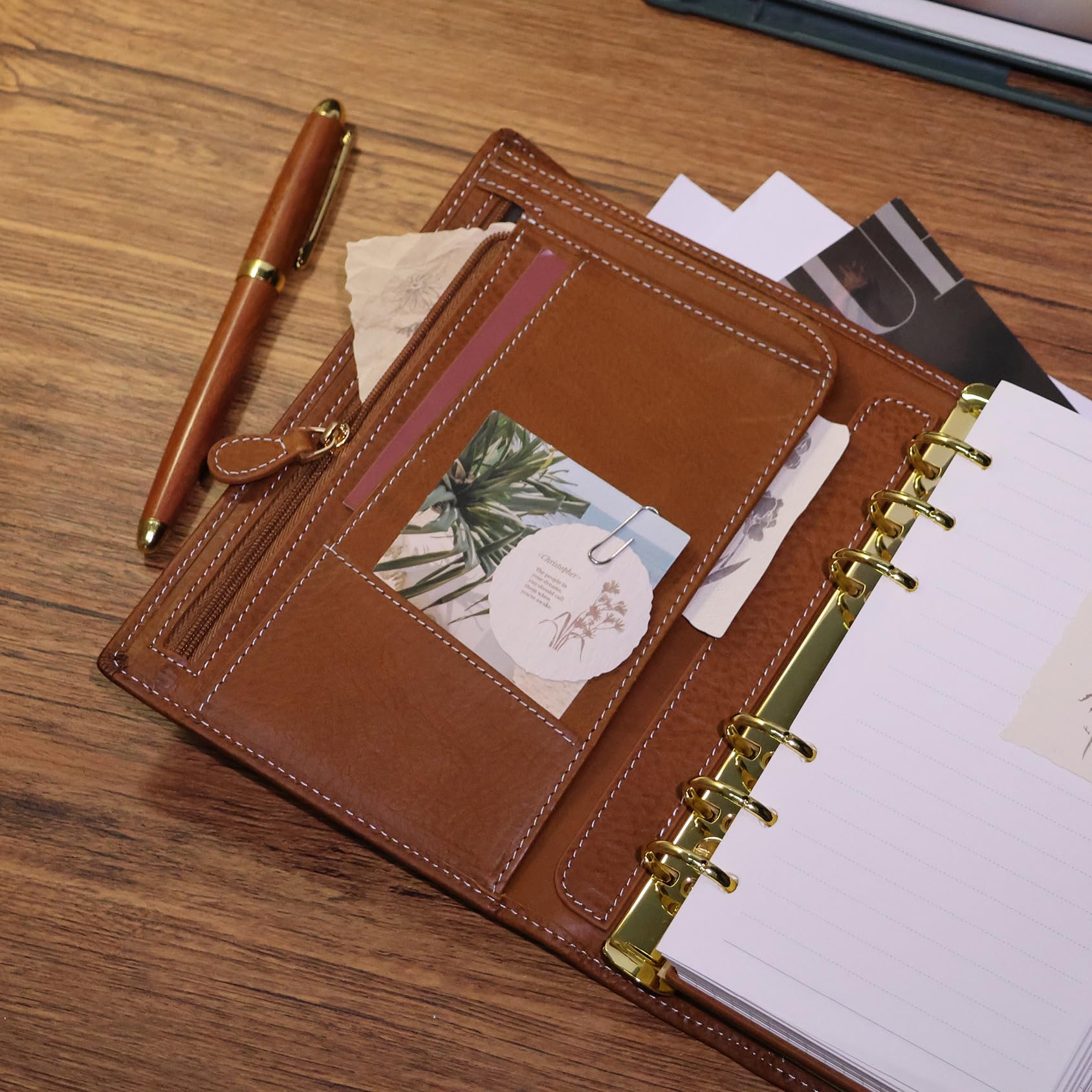 Minerva - Organizador personal tamaño A6 XL de piel auténtica, cuaderno de diario de anillas de estalogía, cuaderno de bolsillo con carpeta de 25 mm (marrón coñac)