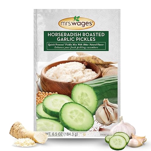 Mrs. Wages Quick Process Pickle Mix, ajo tostado de rábano picante, 6.5 onzas (paquete de 6), amarillo