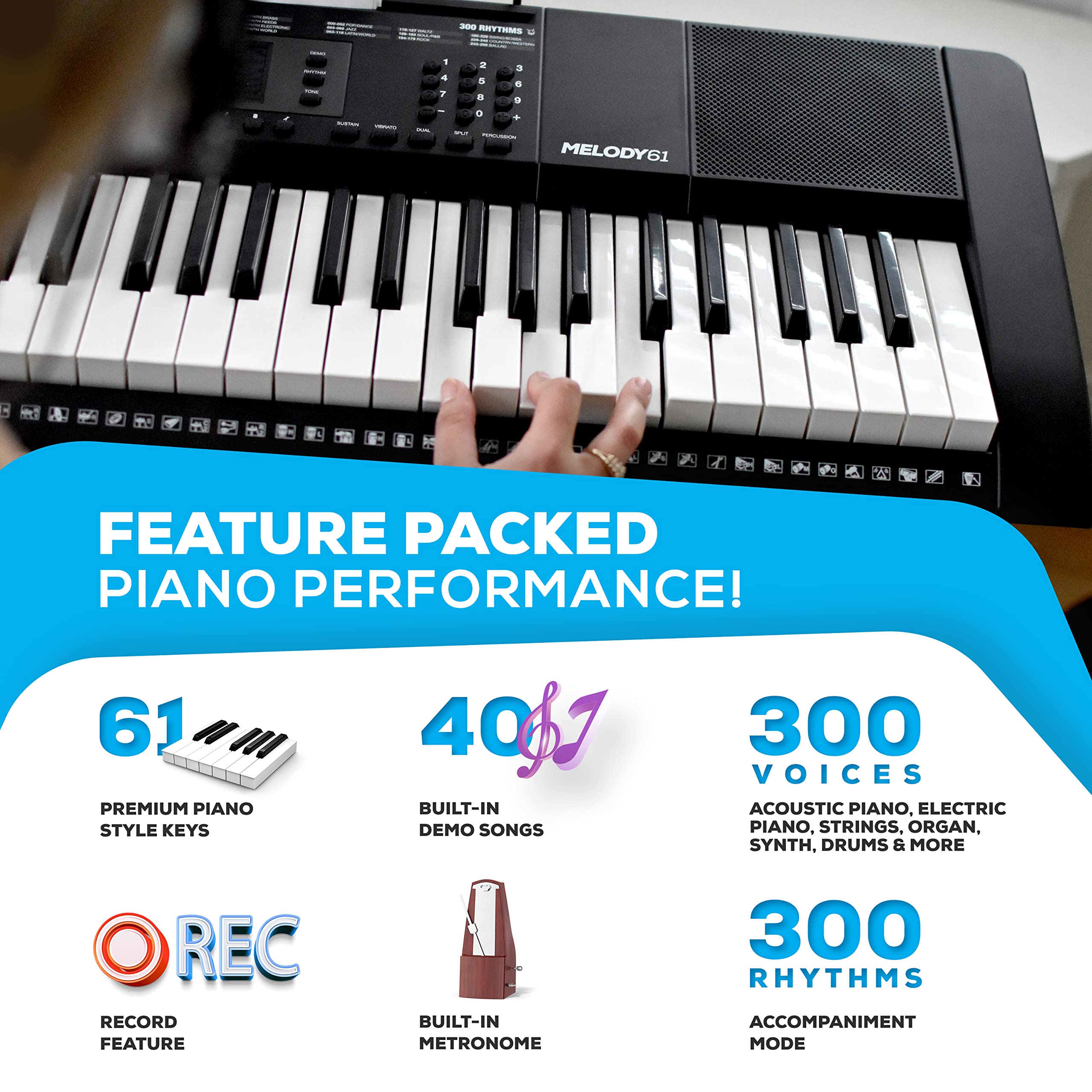 Alesis Melody 61 Key Keyboard Piano with 300 Sounds, Speakers, Digital Piano Stand, Bench