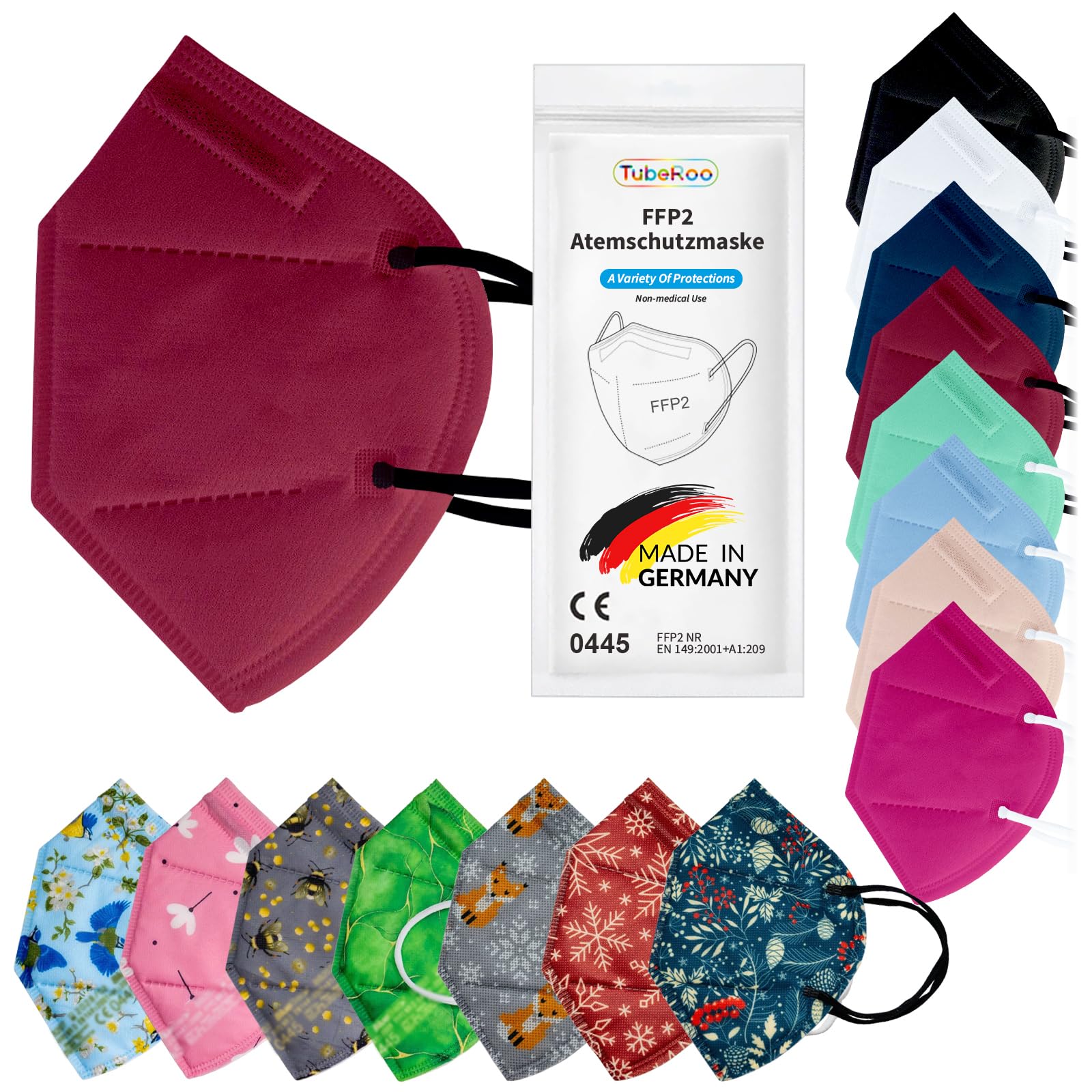 FFP2 Maske 50 Stück Set Masken Motiv Muster in Dunkelblau Blau Bordeaux Hellblau Pink Rot Grün Grau Weiß oder Schwarz, Versand aus Deutschland, Made in Germany, Atemschutzmaske, Mundschutz