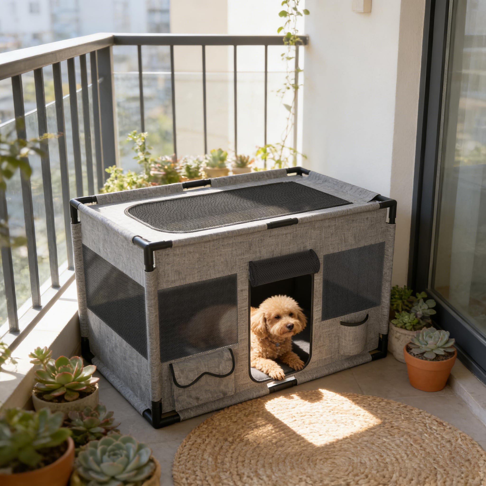 Froadp Mobiler Welpenauslauf Hundekäfig aus 600D Oxford Stoff mit PVC-Rahmen, Faltbares Tierlaufgitter für Hunde & Katzen, Tierlaufstall mit Reißverschlusstür und Oberer Öffnung, Grau – Rechteckig L