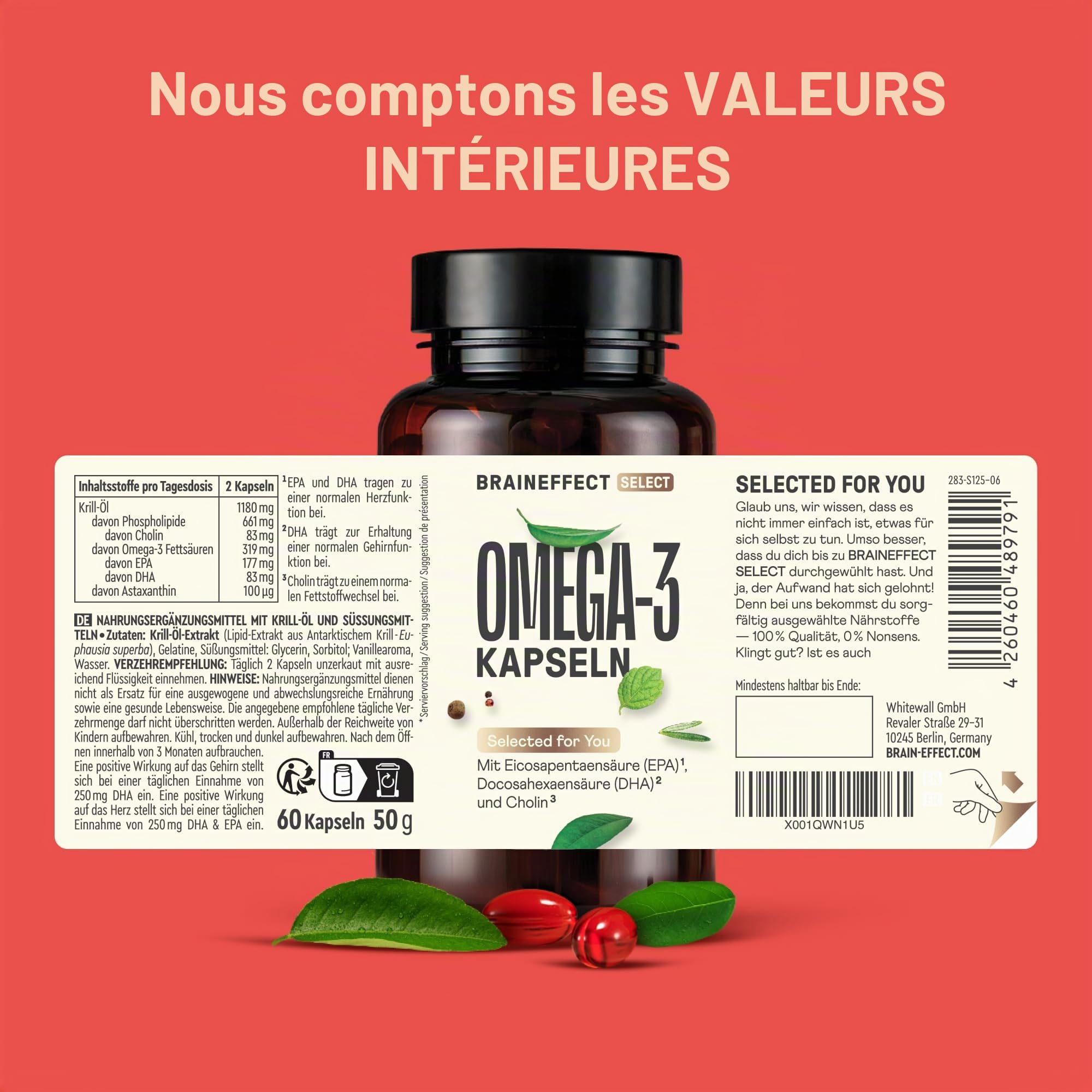 BRAINEFFECT Capsules Premium Oméga 3 à l’huile de krill | 100% huile de krill (non diluée) | Astaxanthine EPA DHA Choline | Sans odeur ni goût de poisson | 60 gélules | Fabriqué en Allemagne