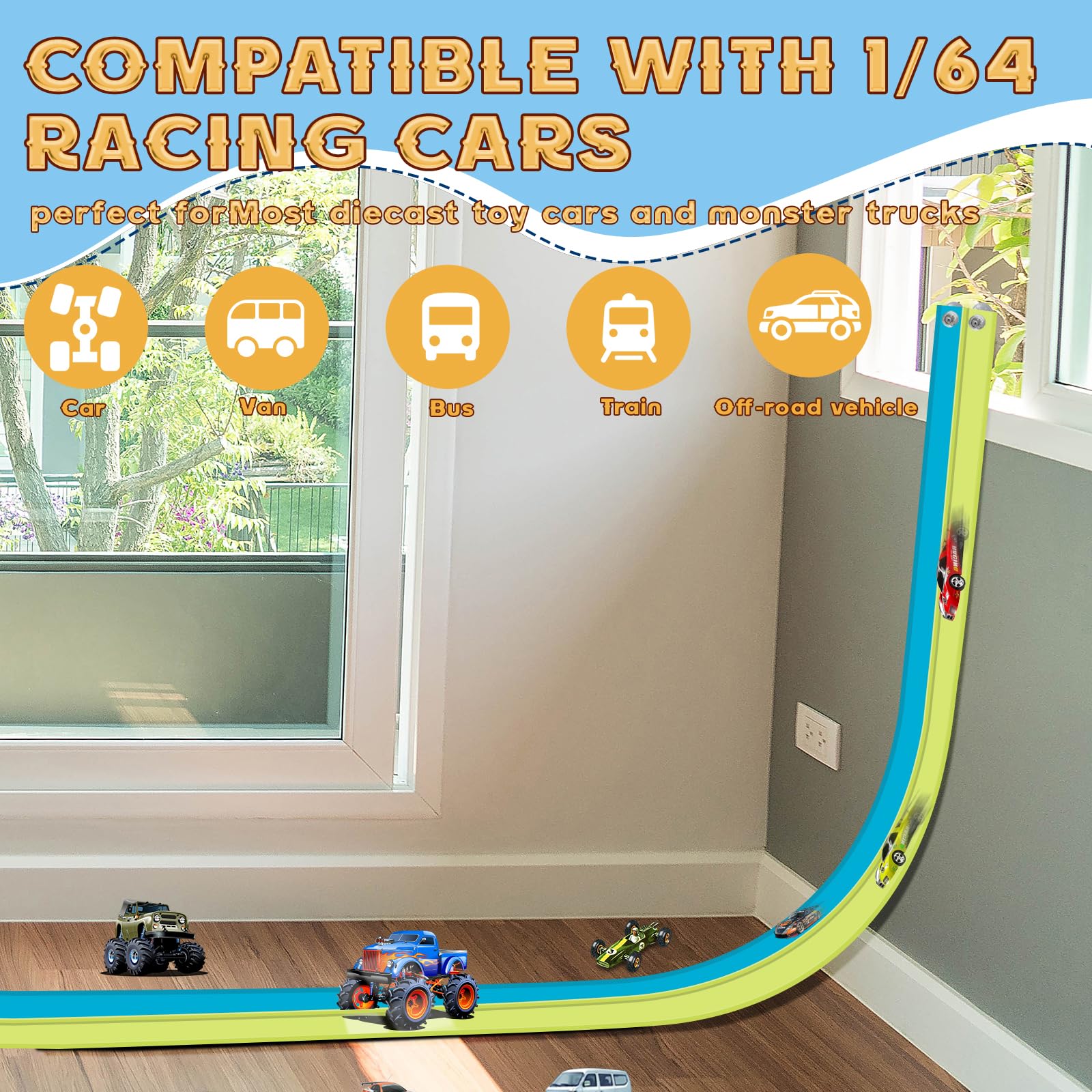 Flex Tracks 15 Ft for Kids Starter Set, Flexible Race Car Ramp Track with Suction Cups Compatible with Hot Wheels and Diecast 1/64th Cars for Ages 3 & Up (Green & Blue)