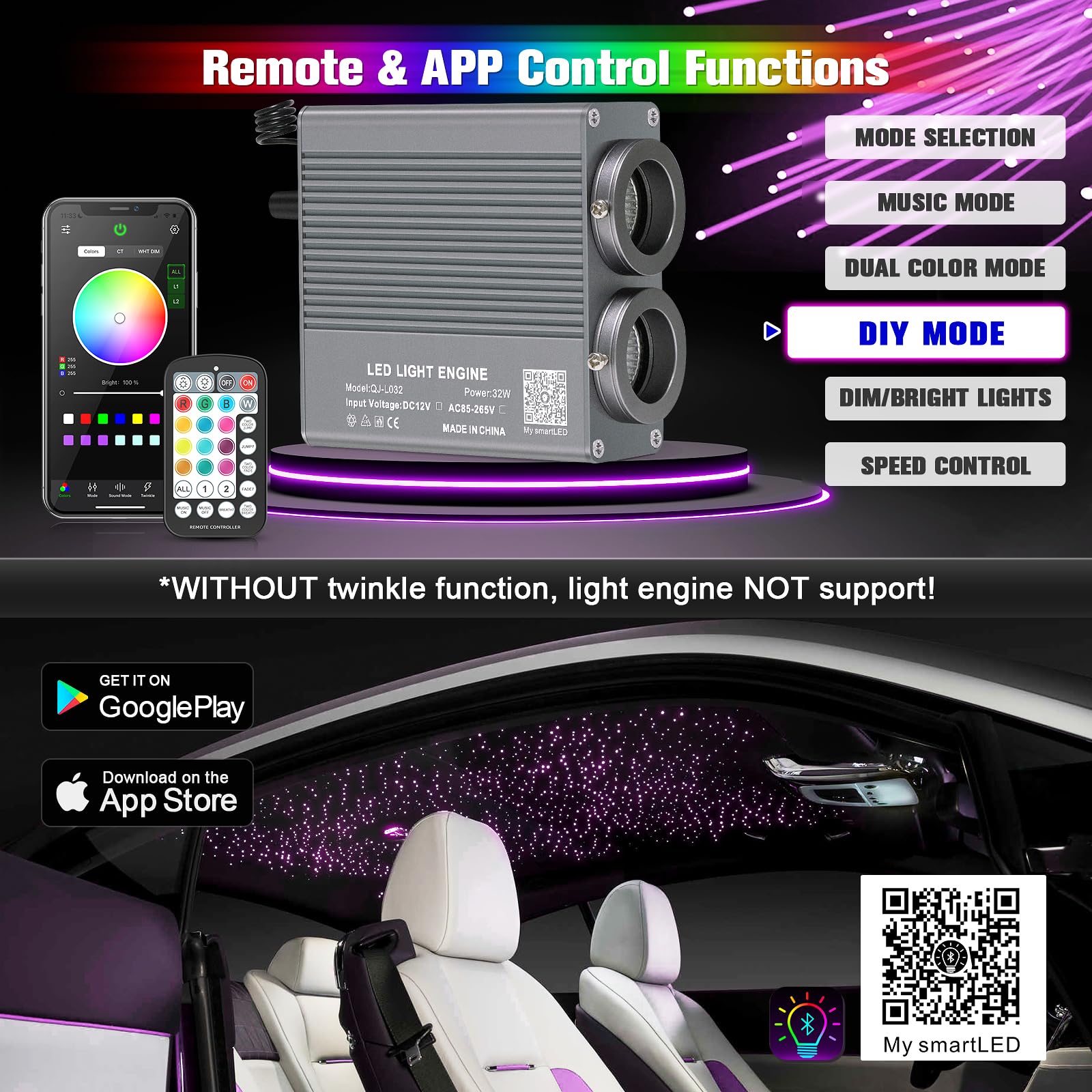 SUNKENET 12W Twinkle&Meteor 2-in-1 RGBW Fibra Ottica, 550pcs*0.75mm*3m Cielo Stellato+Shooting Star Light Kit Con APP Bluetooth/Remote/Controllo Musica, Fibra Ottica Cielo Stellato per Auto/Casa