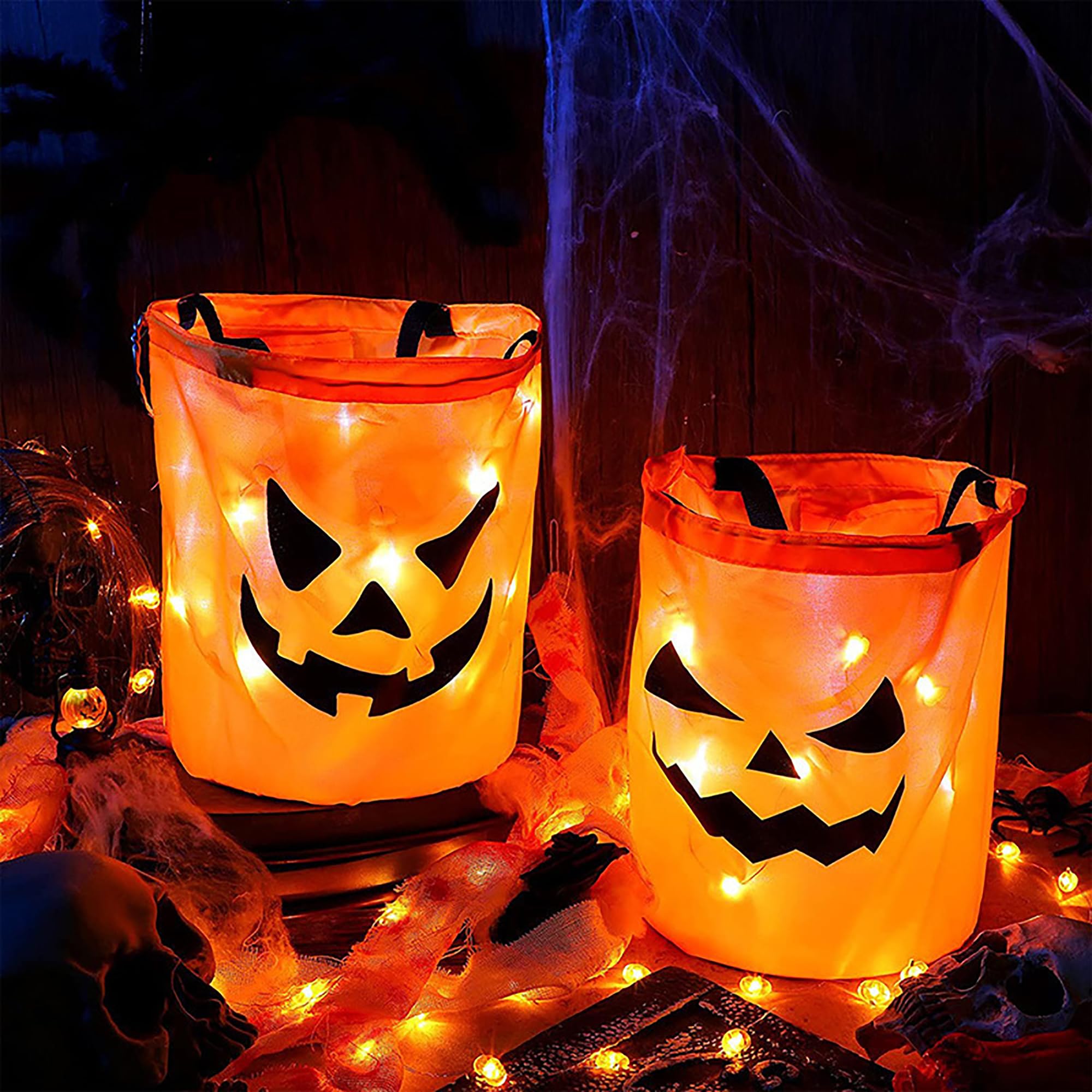 WDEC LED Light Halloween Candy Bucket - Pumpkin Canvas Tote Basket With Light, Multipurpose Portable Collapsible Reusable (2pcs)