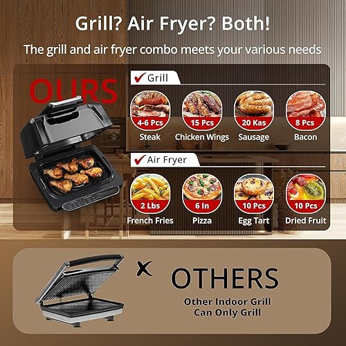 Miniatura 3 de Combo de parrilla y freidora de aire para interiores, 7 en 1, calentada rápida y uniformemente, 4 cuartos de galón, sin humo y sin grasa, freidora