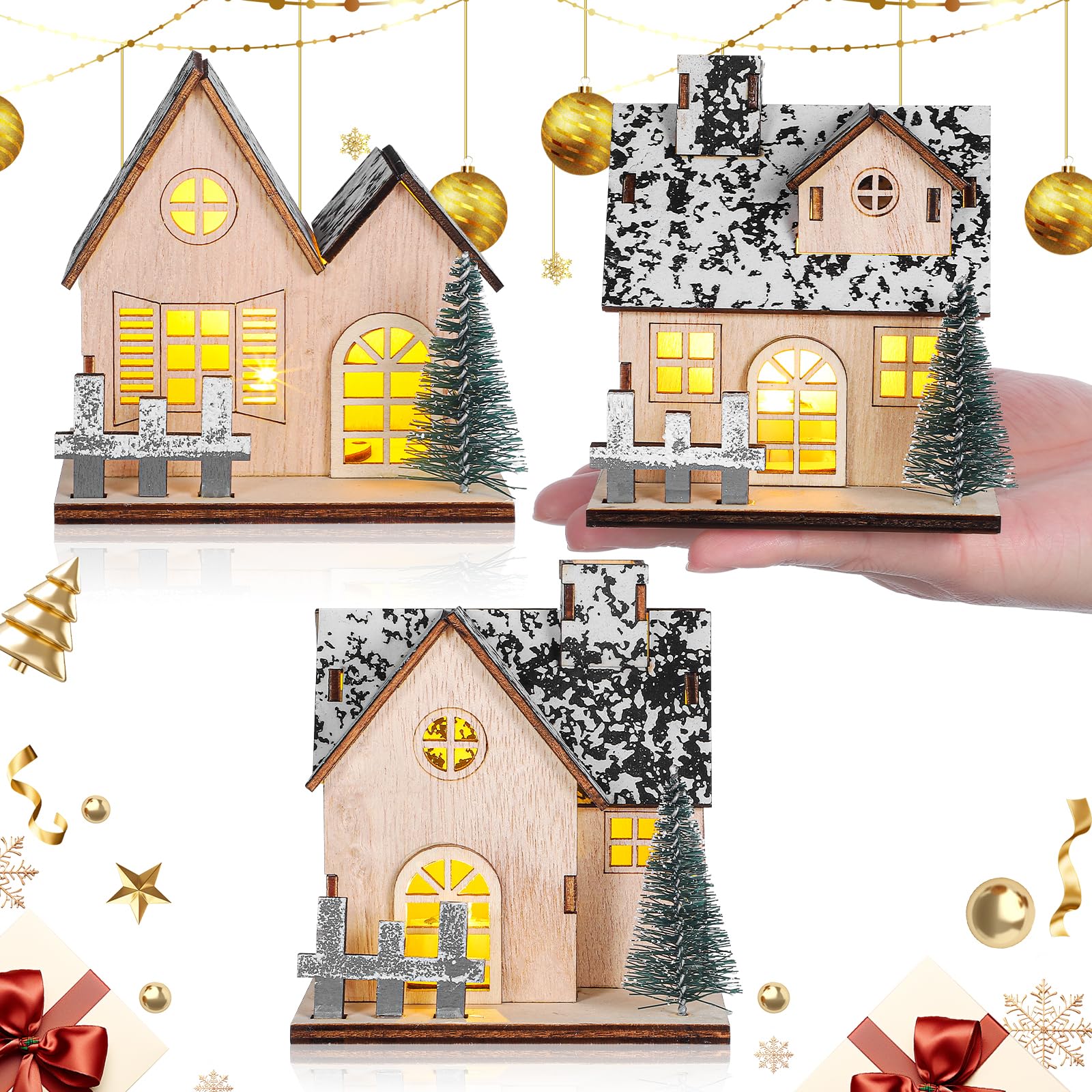 TOYANDONA Lot de 3 maisons de village de Noël en bois avec éclairage LED pour décorations de table de Noël