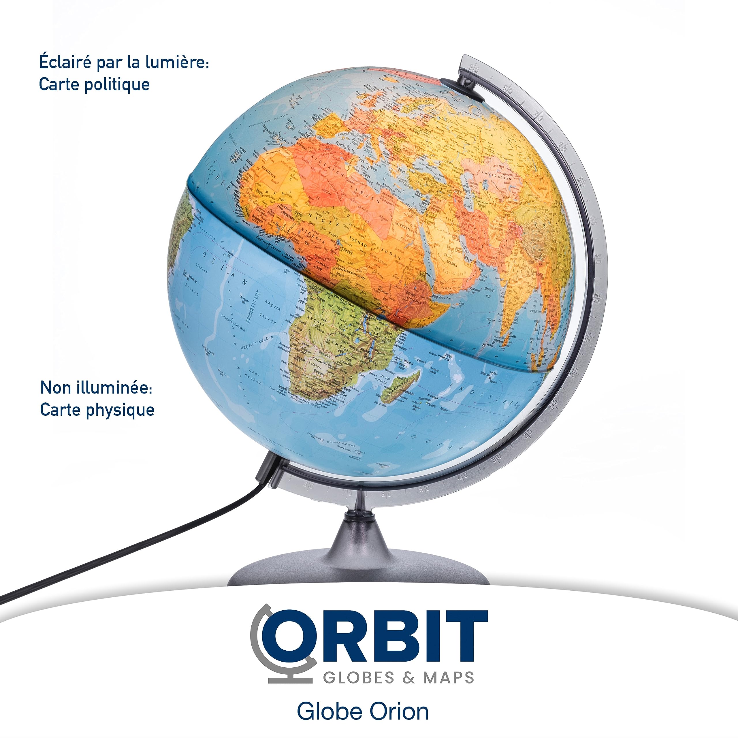 ORBIT GLOBES & MAPS - Globe lumineux - globe de 30cm avec pied stable, image de carte 2023 physique/politique avec lampe LED, image de carte française actuelle