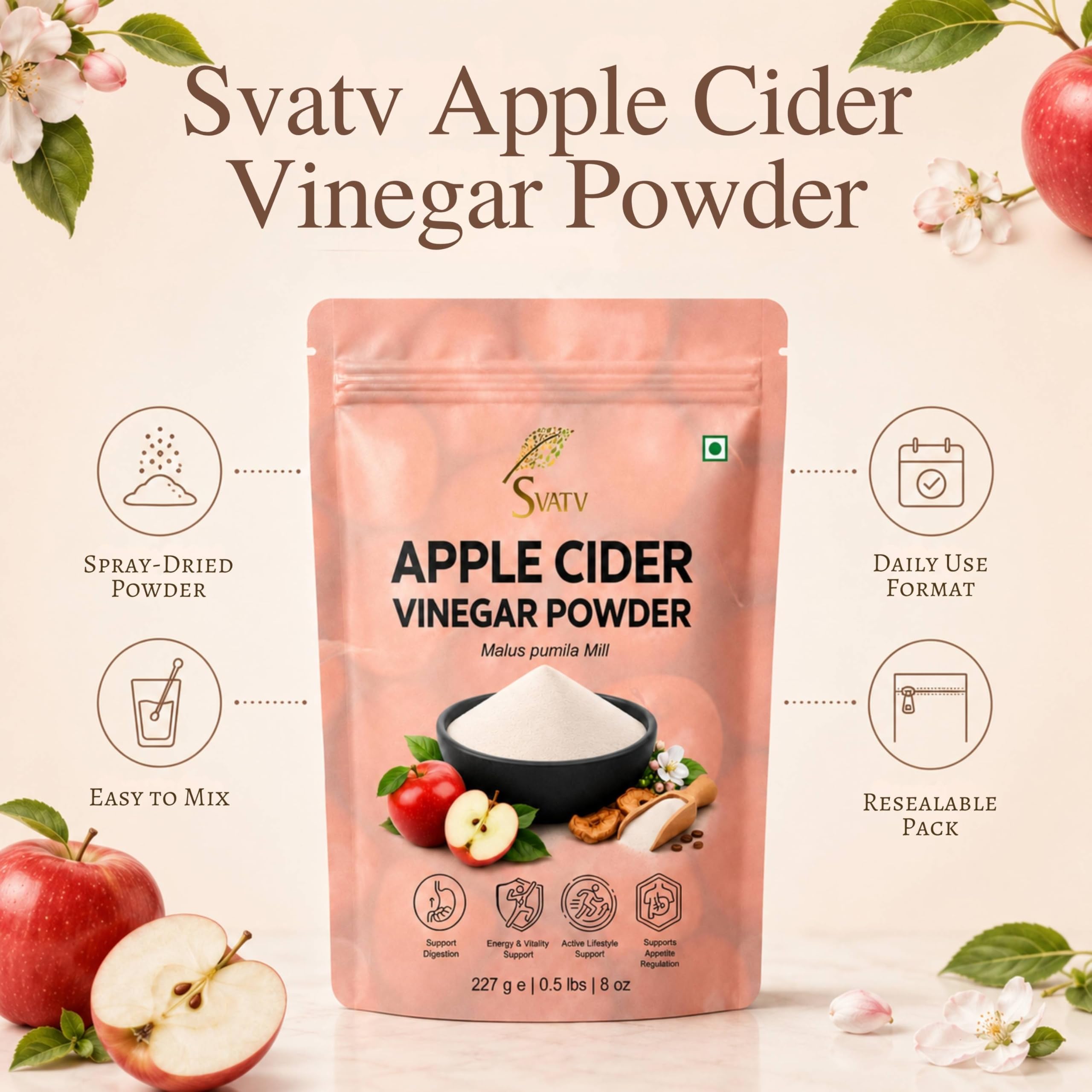 SVATV Vinagre de sidra de manzana natural en polvo 227g Sin gluten 75 porciones