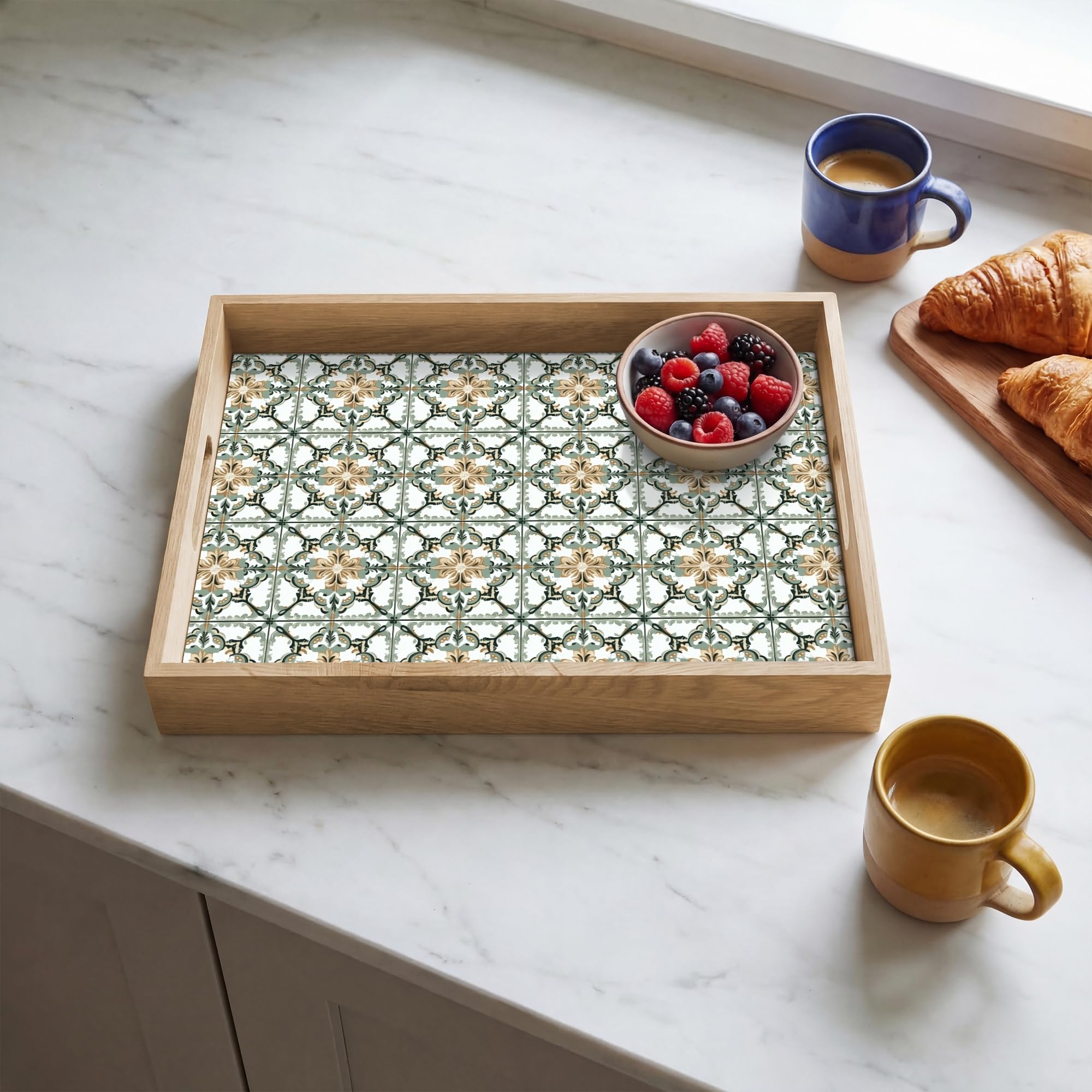 Serviertablett Rechteckig 40x30 cm Servierplatte Eiche Holz Tablett Mit Henkel Tray Kratzfest Kaffeetablett Tabletts Teetablett Blumig - Verwittert - Farbenfroh