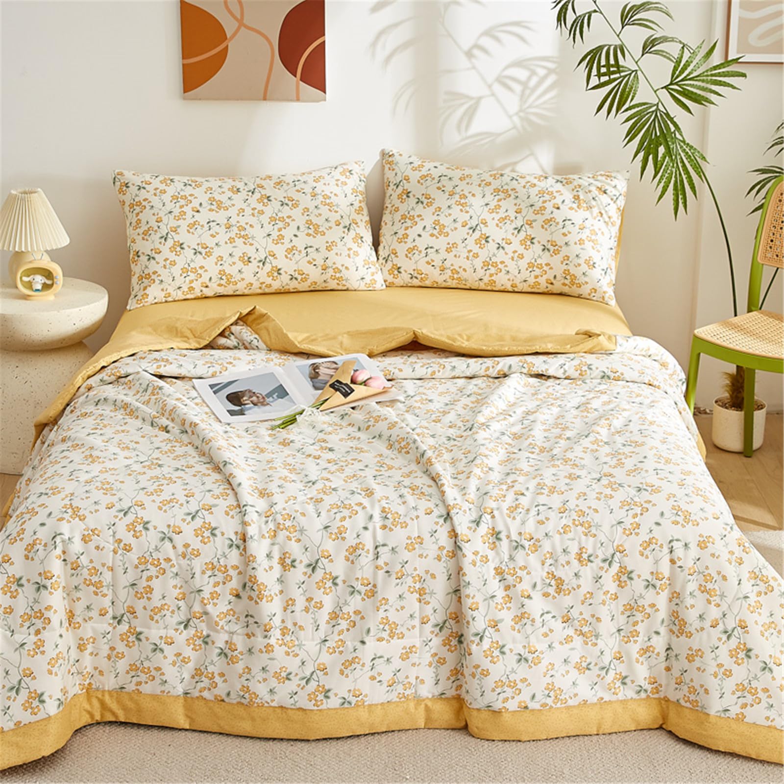 Odot Couvre Lit Matelassé 2 Personnes Été Réversible Dessus de Lits et Couvre-Lits Boutis Doux et Confortable Coton Jeté de Lit Matelassage Jeté de Canapé (Jaune,200x230cm)