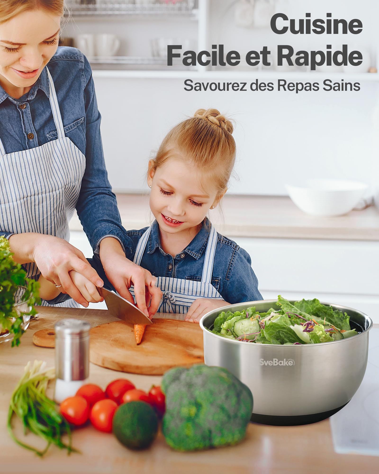 SveBake Essoreuse à Salade en Acier Inoxydable, 5L Spinner à Salade avec Bouton Stop, Base Antidérapante, Passe au Lave-Vaisselle, Sans BPA