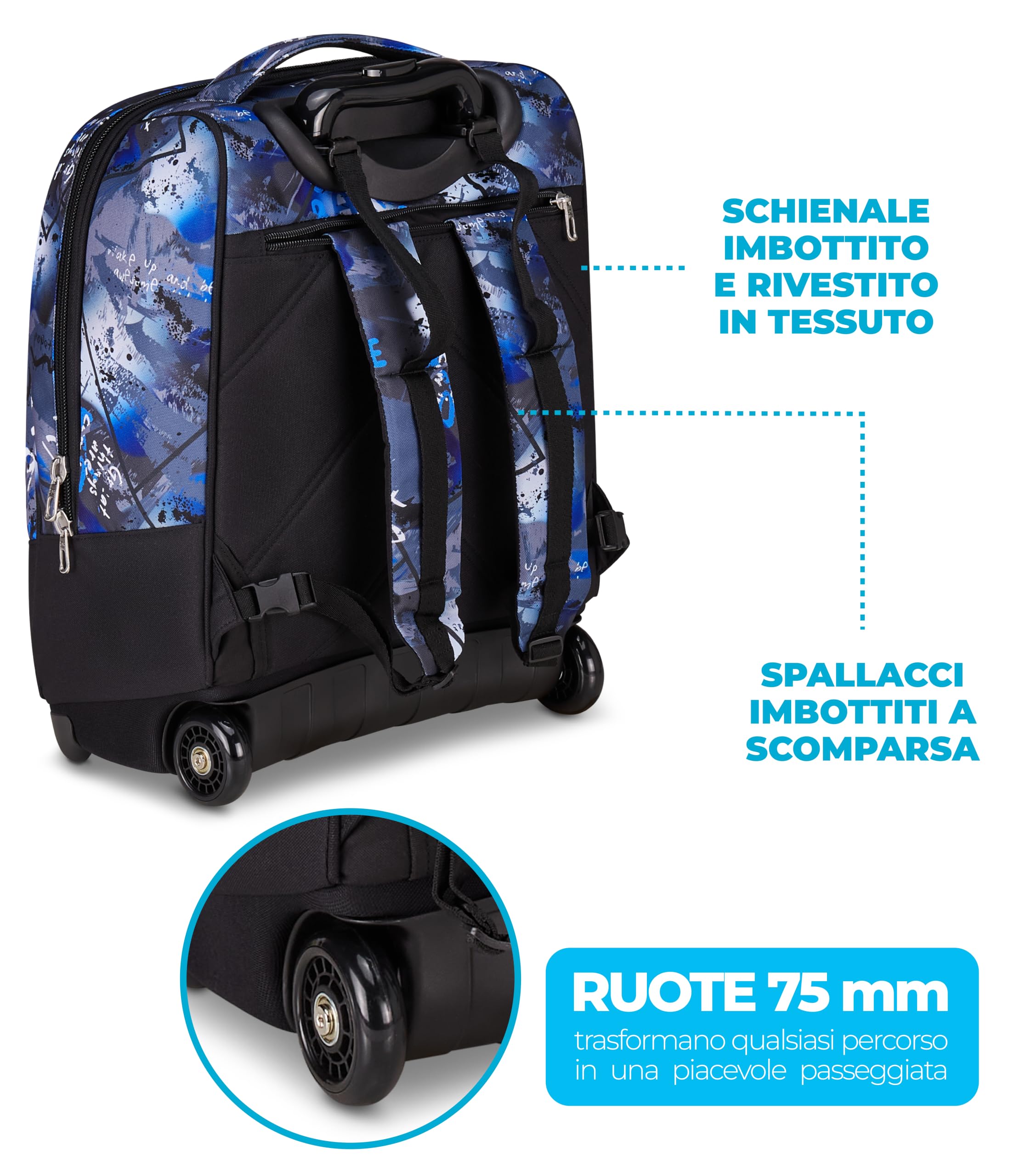 Seven Zaino Trolley, Scuola Elementare, Doppio Uso, Doppio Scomparto, Spallacci a Scomparsa, Bambino, Mystic Gray, blu/nero