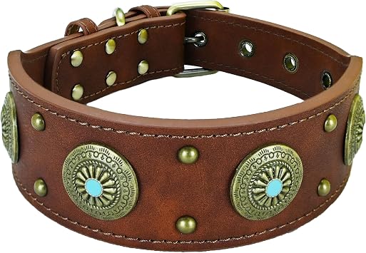 Vintage Dog Collar with Alloy Metal Decoration Retro Wide Collar for Medium Dogs Large Dogs - Brown - L