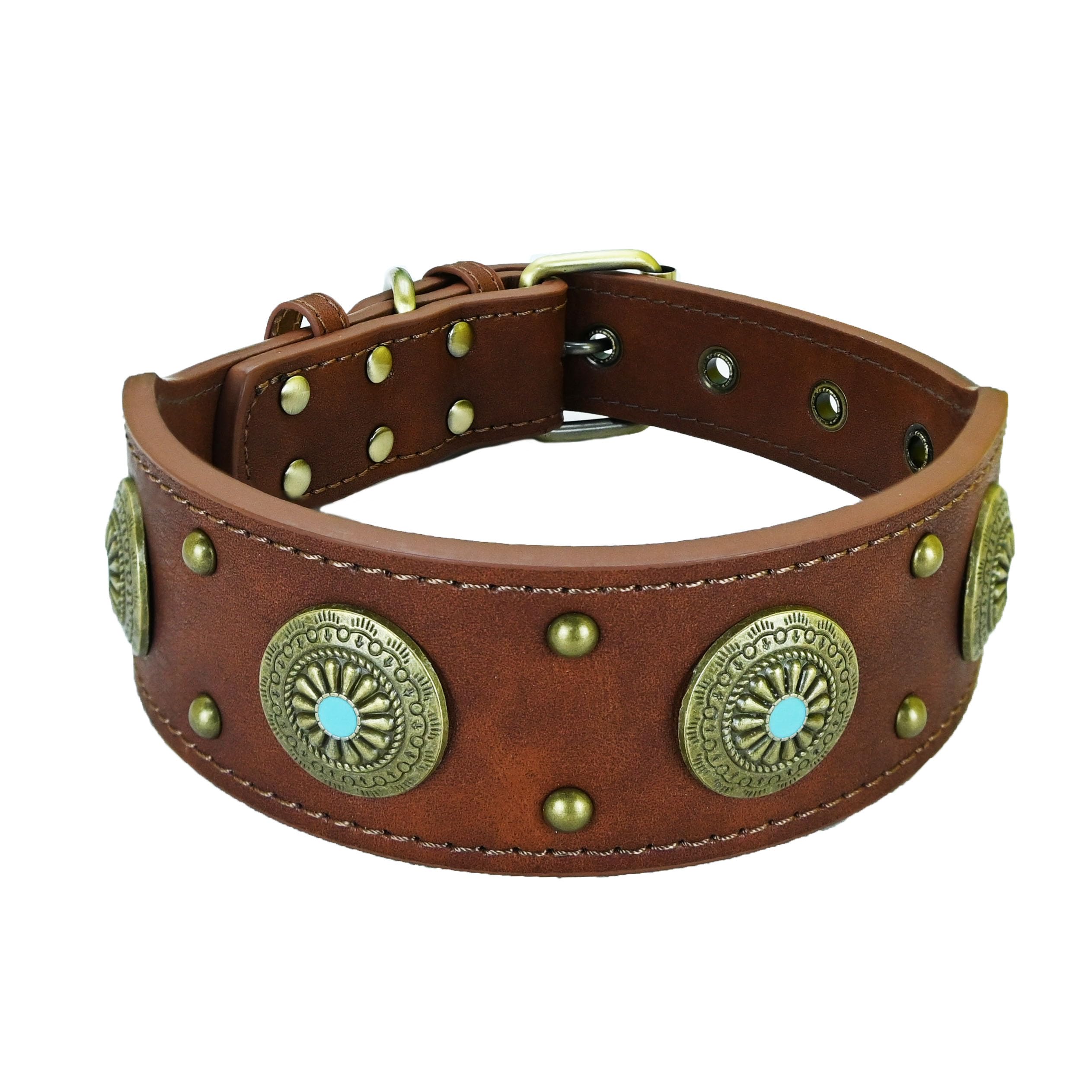 Newtensina Vintage Dog Collar with Alloy Metal Decoration Retro Wide Collar for Medium Dogs Large Dogs - Brown - L