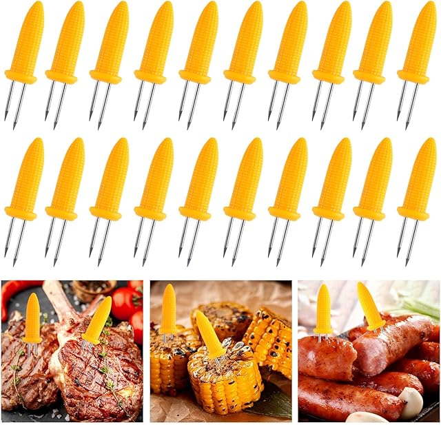AYNKH 20PCS Corn Cob Holders, Stainless Steel Fork Silicone Handle Double Fork Anti-Scald for Kitchen Outdoor BBQ Party Camping Food Festival