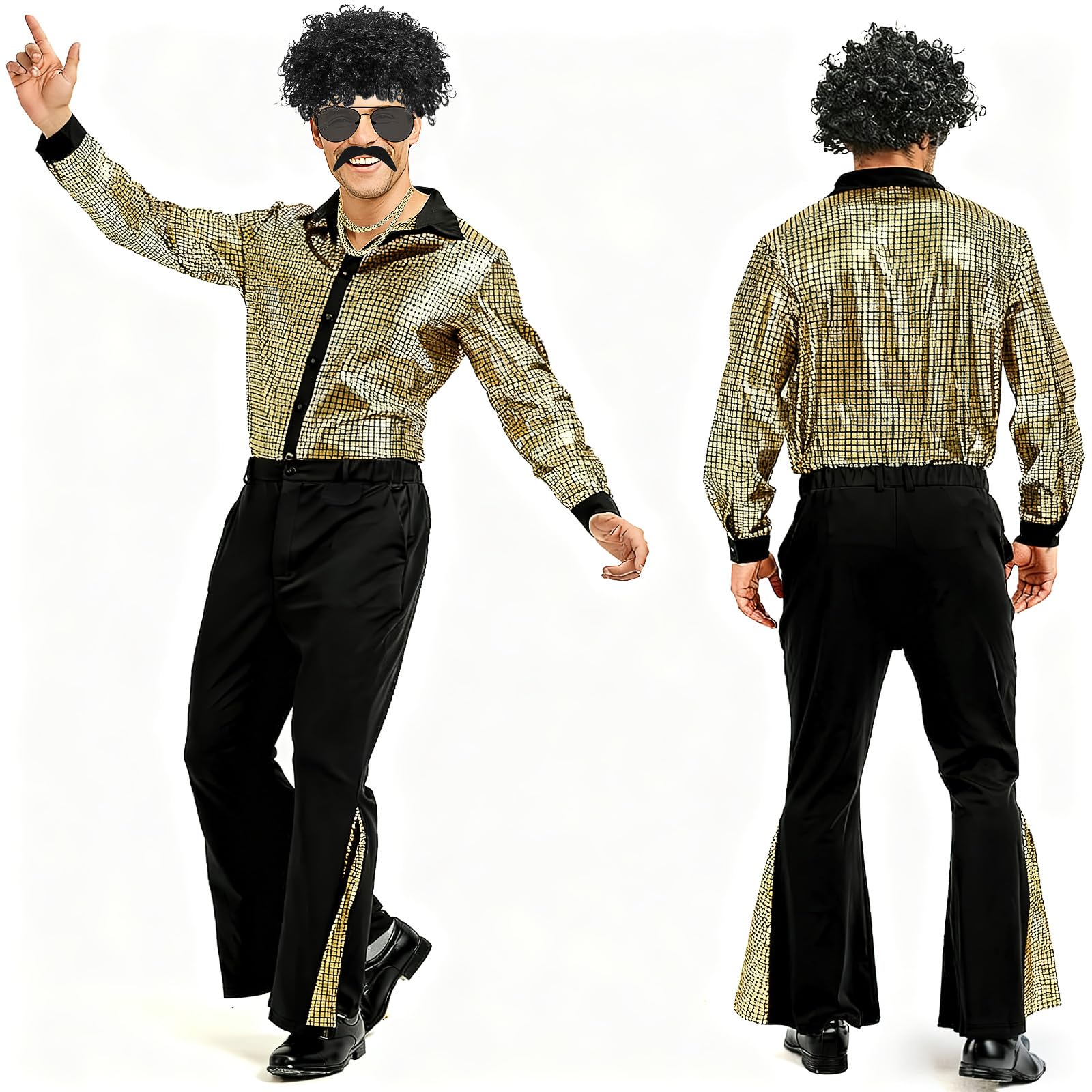 Malloom 70s Men Disco Outfit 70s Costume with Retro Shirt Bell Bottom Pants Wig Sunglasses Necklace Mustache (M) - Image 2