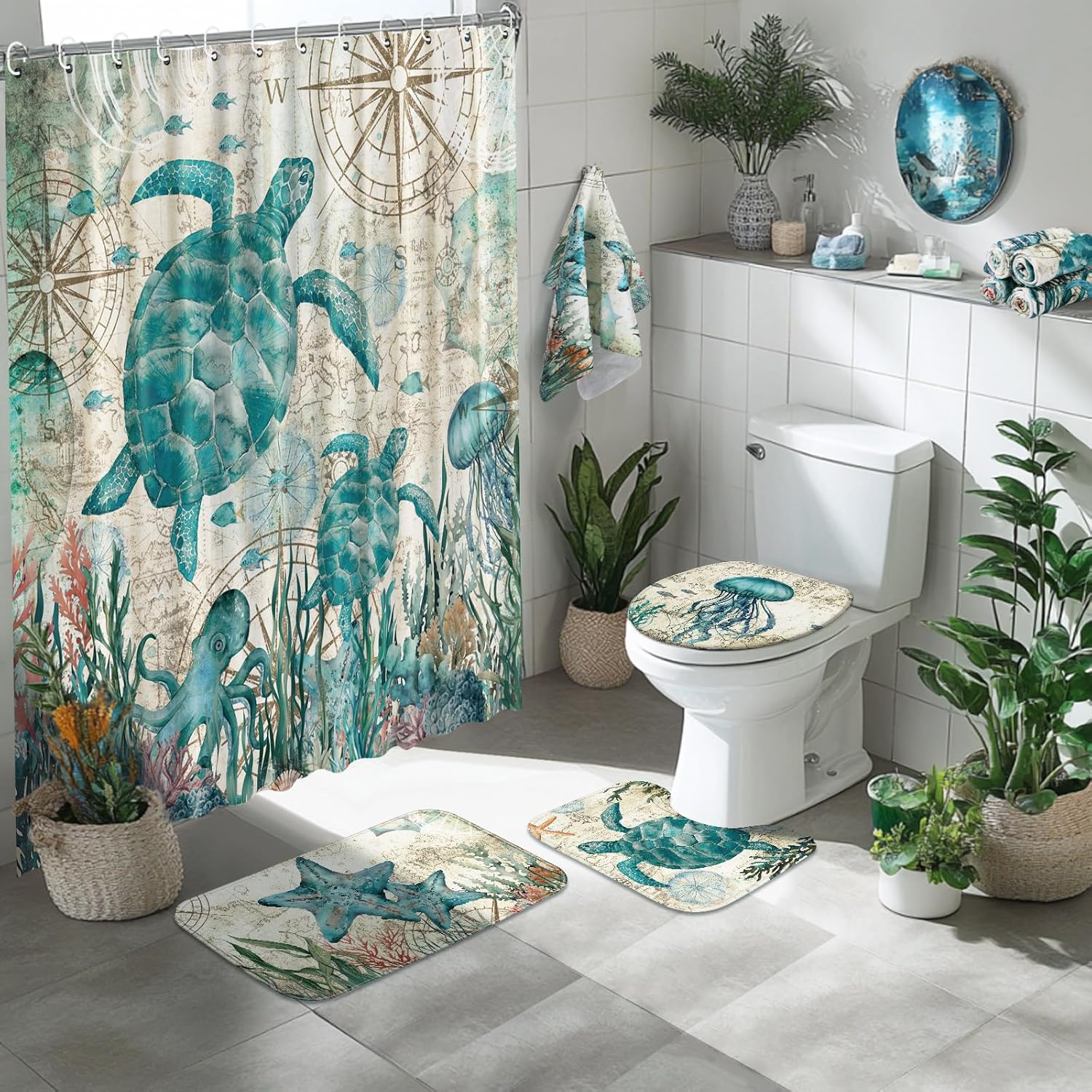 Tatuo 8 Pcs Sea Turtle Shower Curtain Set Summer Ocean Theme Bathroom Accessories Sets Decor Sea Animal Nautical Coastal Waterproof Shower Curtain with Towels Carpet Bath Mat Toilet Rugs and 12 Hooks - Image 6