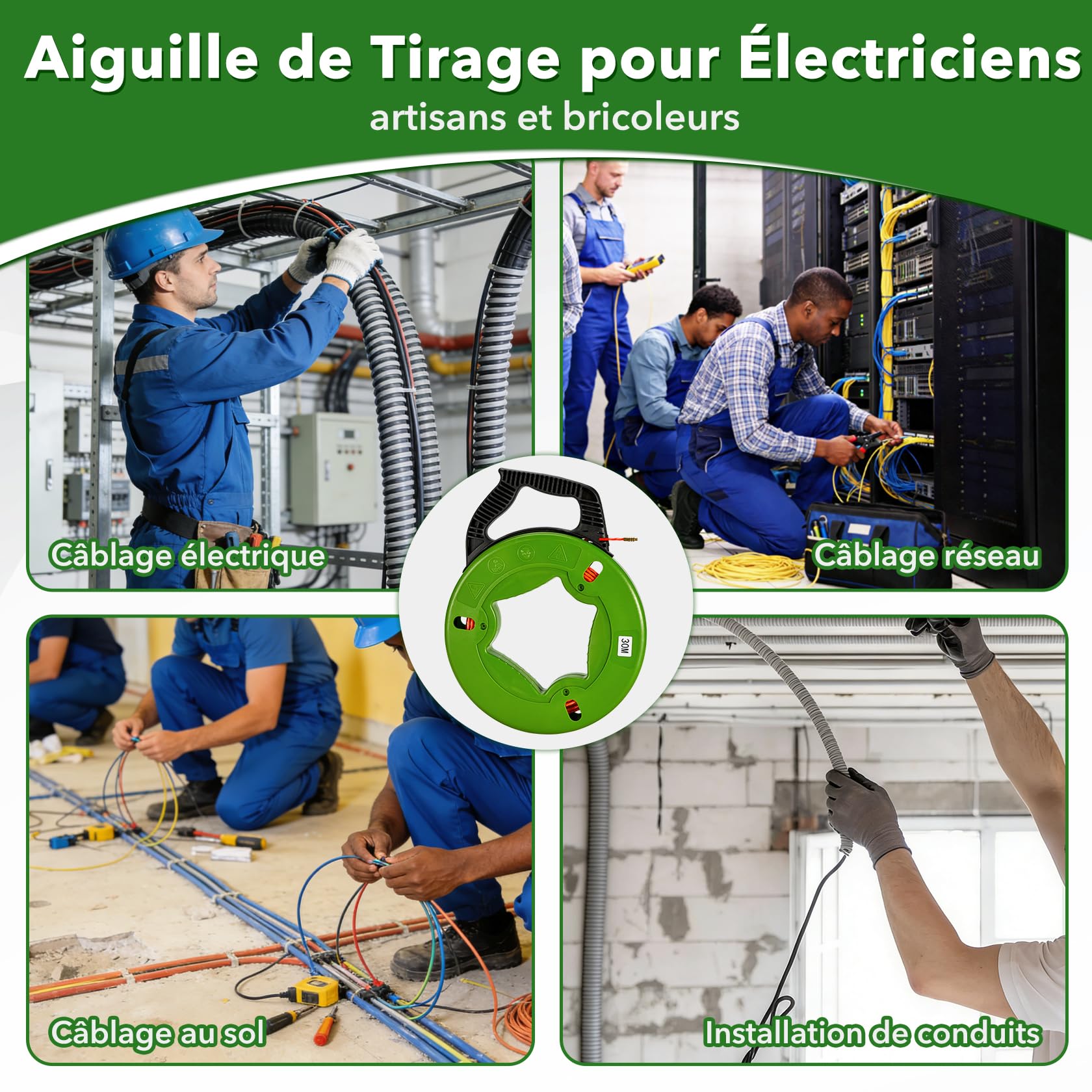 Pindex 30 m Aiguille Electricien 4 mm Tire Fils Cable Electrique avec 5 Adaptateurs pour Tuyaux Vides, Câble d'Alimentation, Câble Réseau, Fibre Optiqueuidage