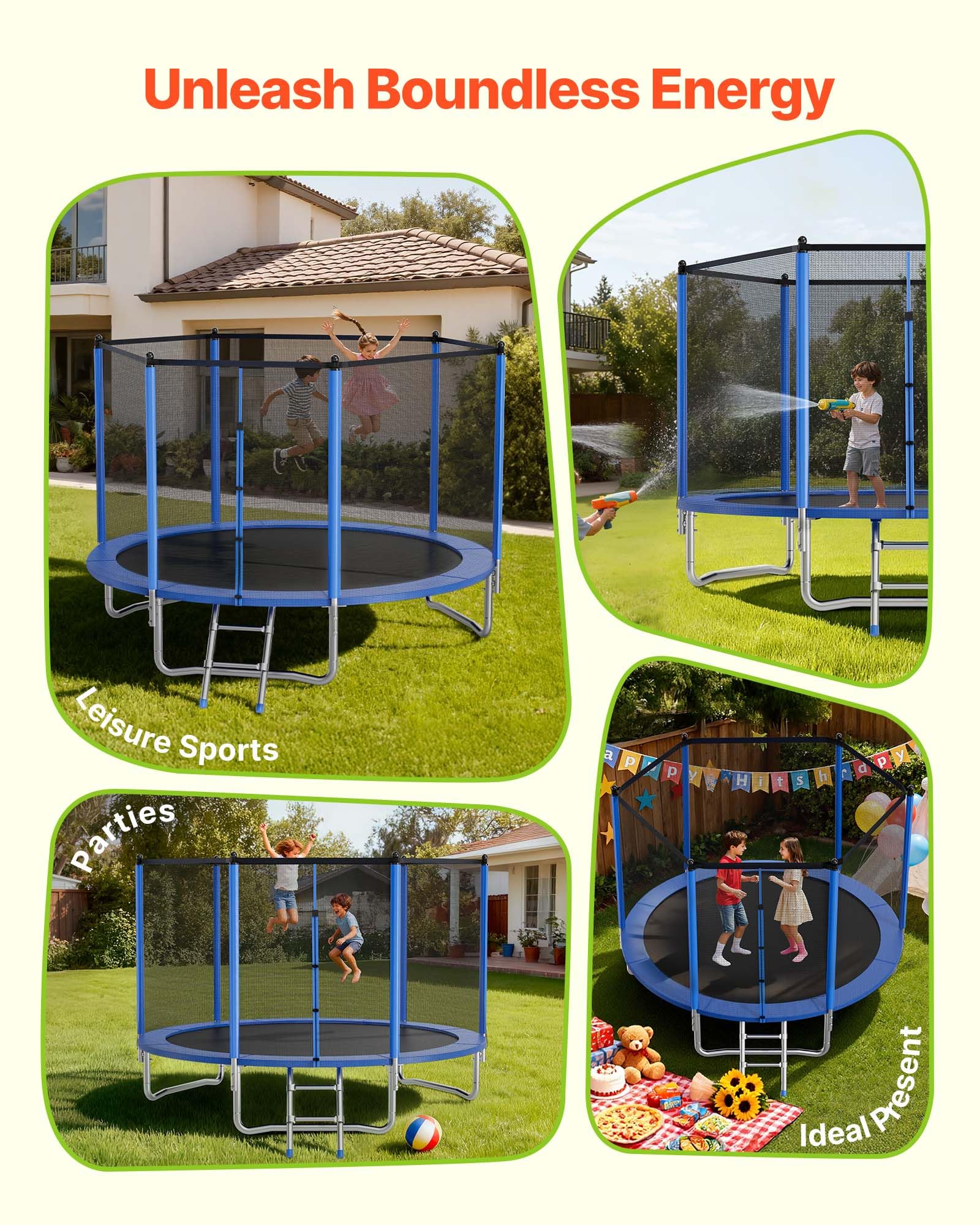 VEVOR Trampolino da Esterno 305 x 305 cm con Rete di Sicurezza e Telaio in Acciaio, Omologato ASTM, per Carichi Pesanti, Capacità Massima di 150 kg, Trampolino da Giardino per Bambini
