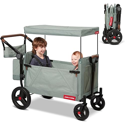 Radio Flyer Atlas Stroll ’N Wagon, Sage Green, for Ages 1+, 3-in-1 Push or Pull Versatility, One-Hand Fold, UV Canopy, 5-Point Harnesses, Storage Capabilities, Rubber Wheels, Stroller Wagon for Kids