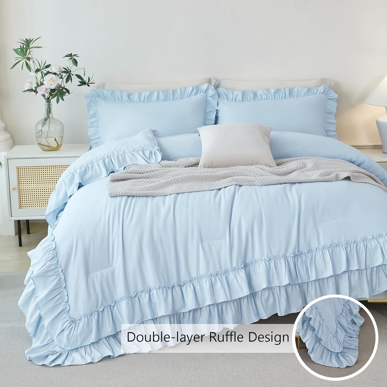 ANGIYUIN 5Pcs Queen Ruffle Comforter Sets Light Blue Double-Layer Ruffled Bedding Sets Vintage Farmhouse Bed Sets Solid Elegance Ruched Bed in A Bag for Women(Light Blue Queen)