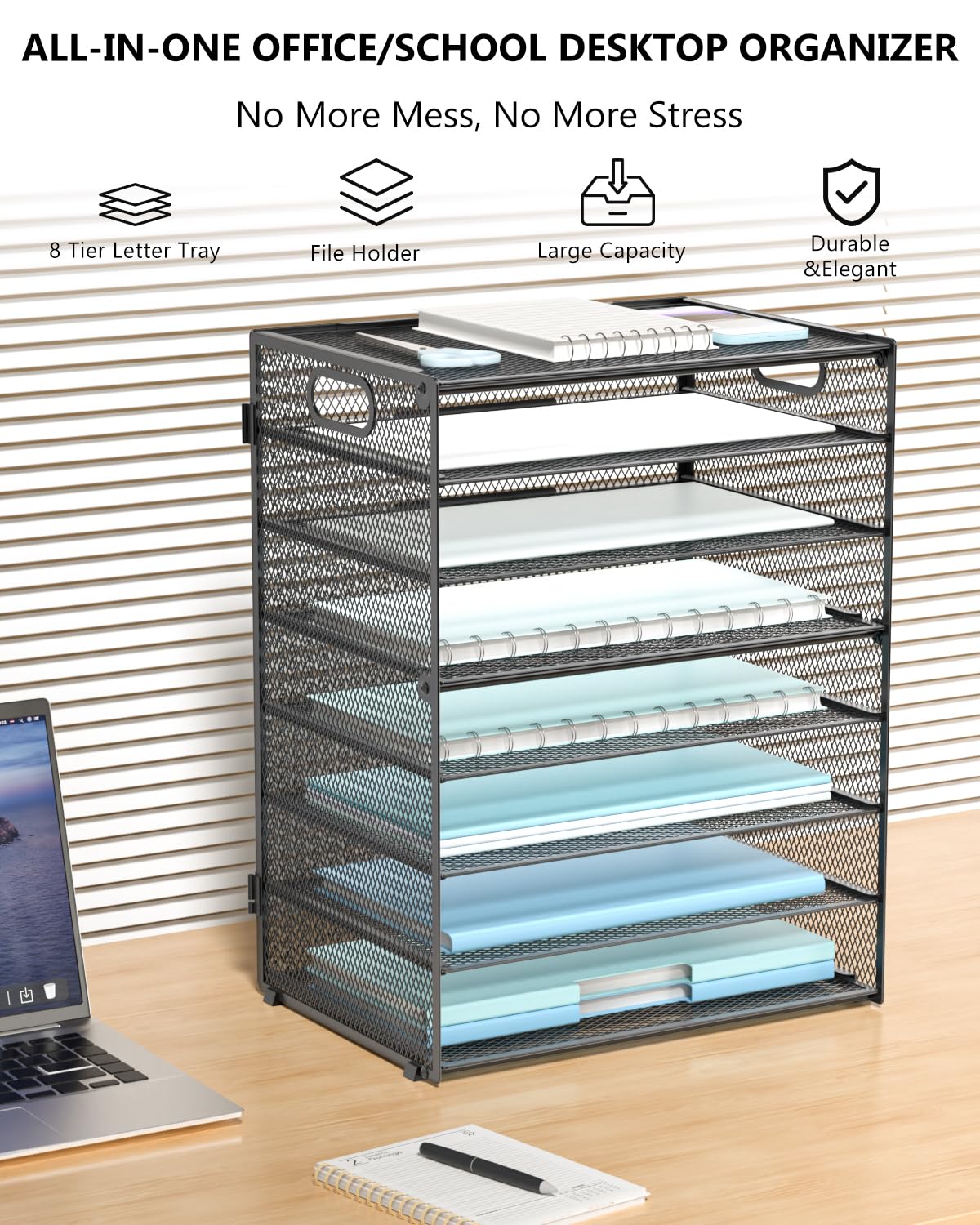 WALI Desk File Organizer, 8 Tier Desktop Paper Letter Tray Organizer with Handle, Office Desk Accessories & Workspace Organizers for Office, Home, School Supplies, 1 Pack, Black view 3