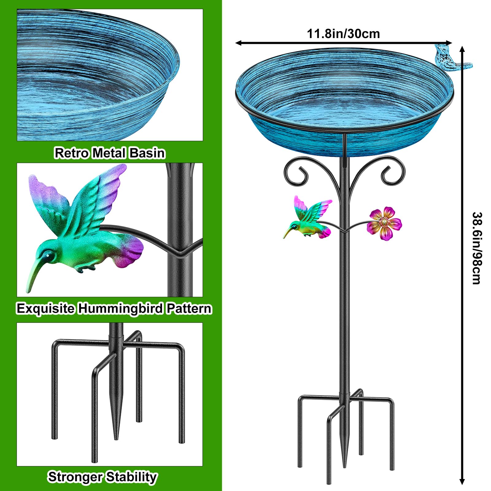 Vogeltränke Stehend aus Metall, Vogelbad für Draußen Garten mit 5 Erdspießen und Kolibri-Blumendekor, Mehrfarbige Wassertränke und Futterstelle für Vögel(Altblau)