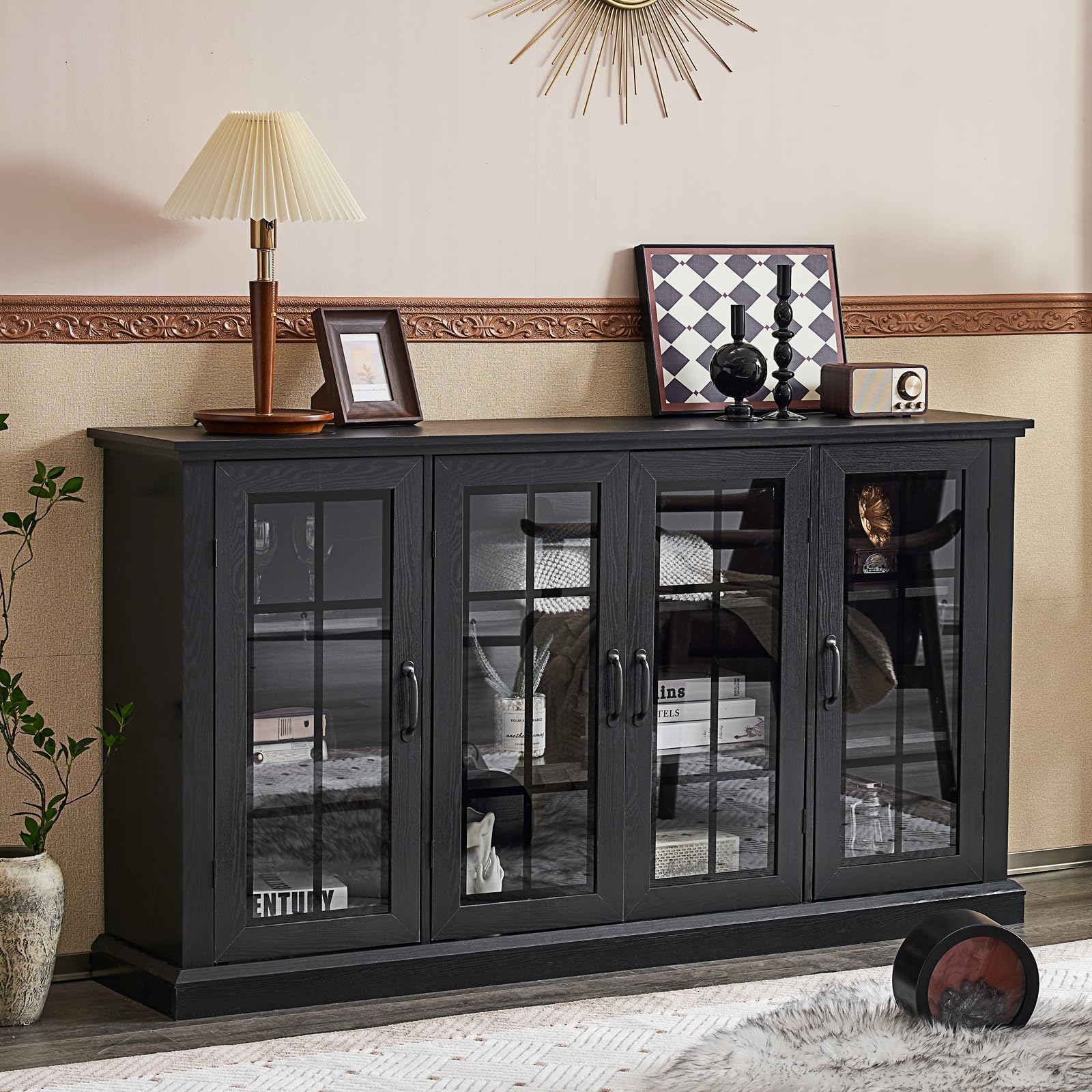 AMERLIFE 35" Sideboard, 6 Adjustable Shelves Sideboard Buffet Cabinet with 4 Doors, Accent Storage Credenzas for Dining Room, Living Room, Classic Black