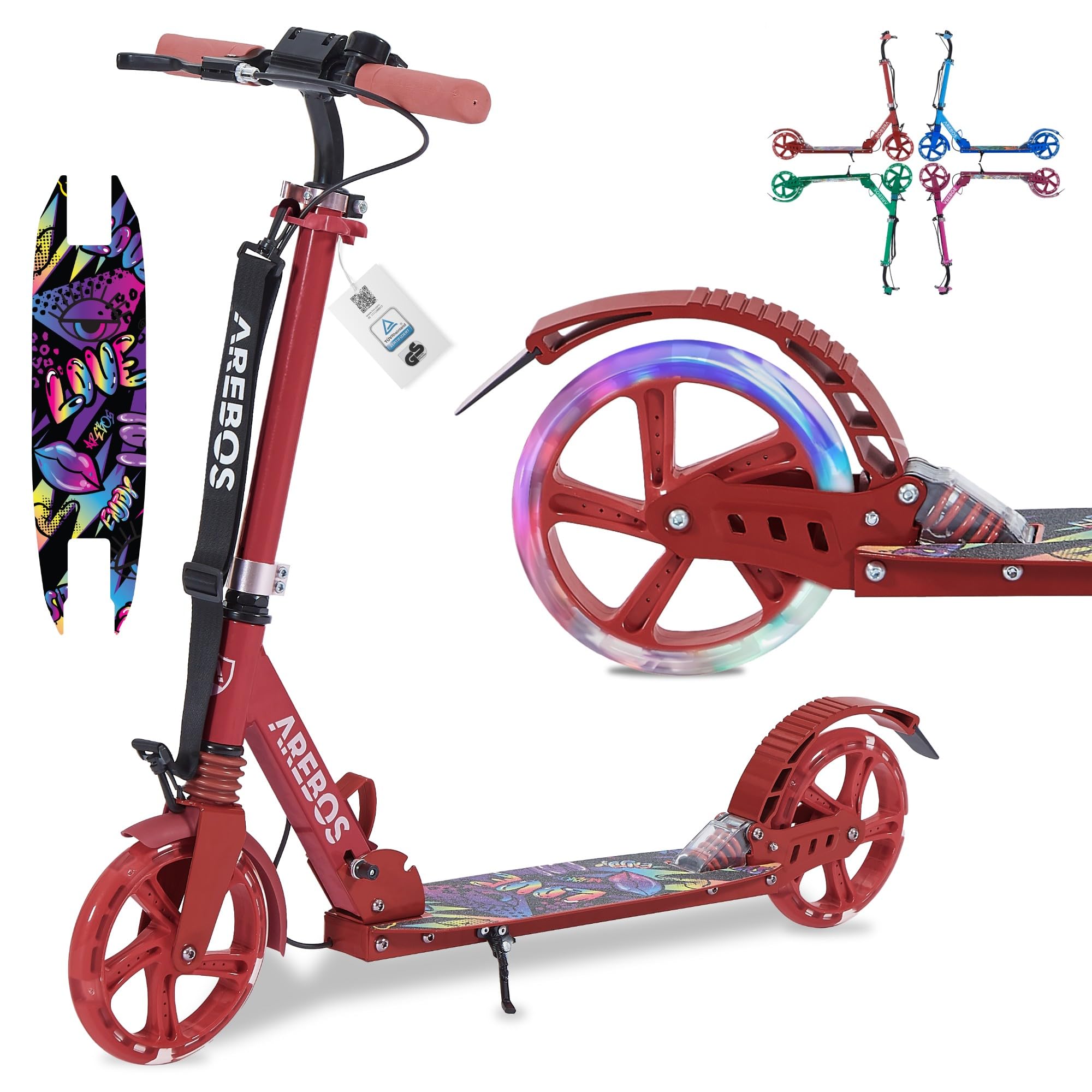 Arebos City Scooter Pedal Scooter Regulable en Altura | Plegable | Incl. Correa de Transporte | Ruedas LED | Freno de Mano | suspensión Delantera-Trasera | niños y Adultos