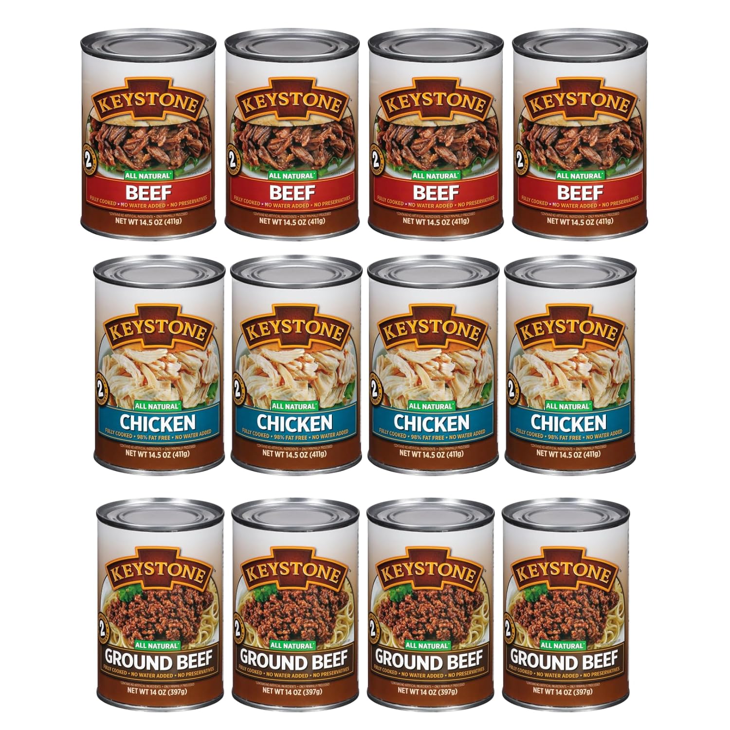 Keystone Meats All Natural Heat and Serve “Survival Frog Style” – 12-Can Competitive Variety Pack (4 Beef 14.5 oz, 4 Chicken 14.5 oz, 4 Ground Beef 14 oz) Fully Cooked, Ready to Eat Canned Meat for Everyday Meals, Emergency, Camping, Pantry Staple, 5-Year Shelf Life, Made in USA
