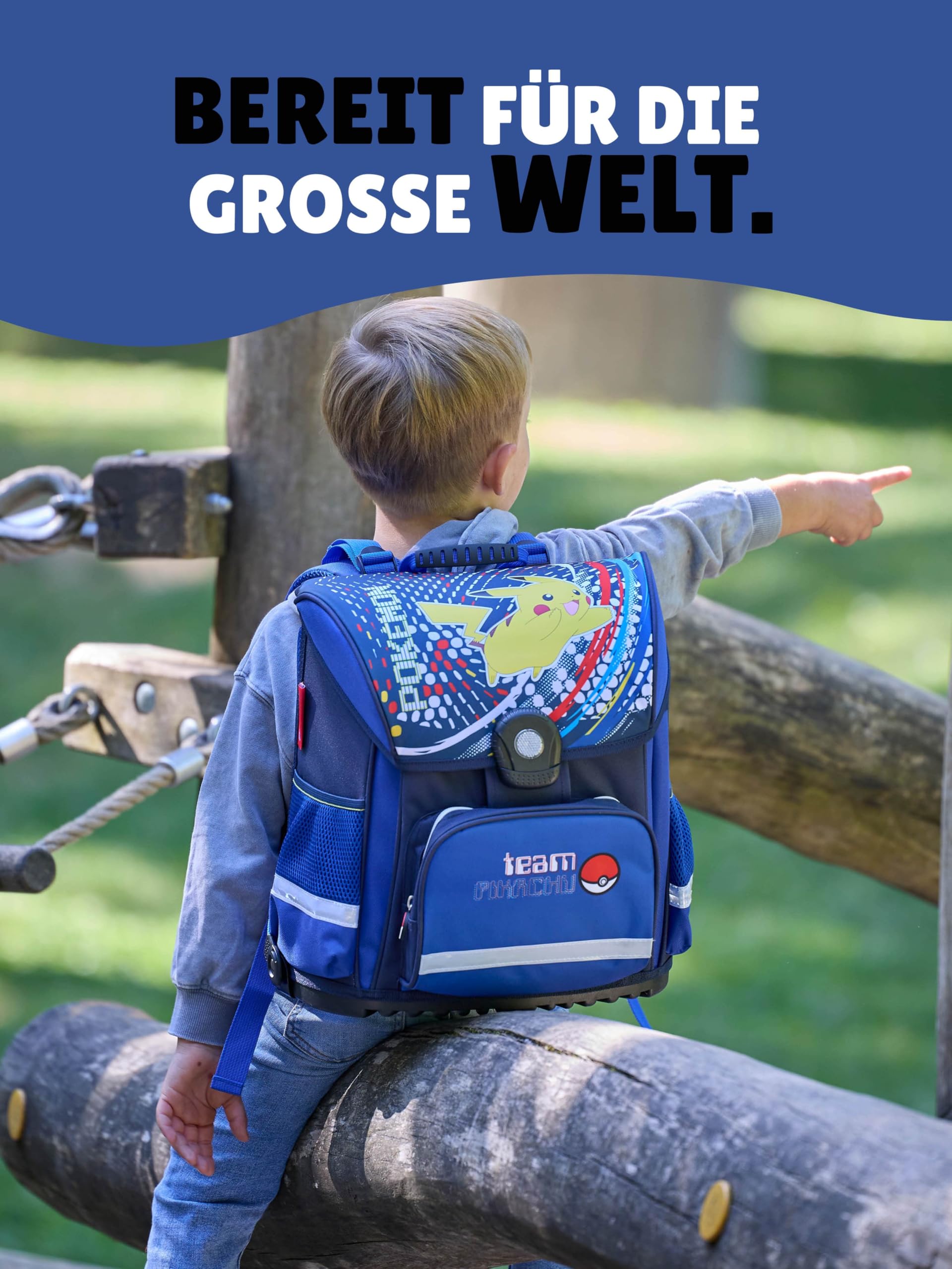 Familando - Schulranzen Set 6-teilig mit Sporttasche - Pokémon mit Pikachu Motiv - Ergonomisch, stabil & mit gepolstertem Rücken - 990g leicht, 16L Volumen - Mit Reflektoren - ab 1. Klasse