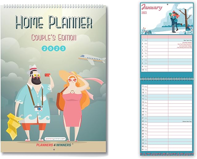 Wall Calendar 2023, Couple & Small Family Edition by planners4winners | Month-to-View Layout with Two Columns. | His & Hers Planner Calendar 2023, 14 Months: Nov 22 - Dec 23.