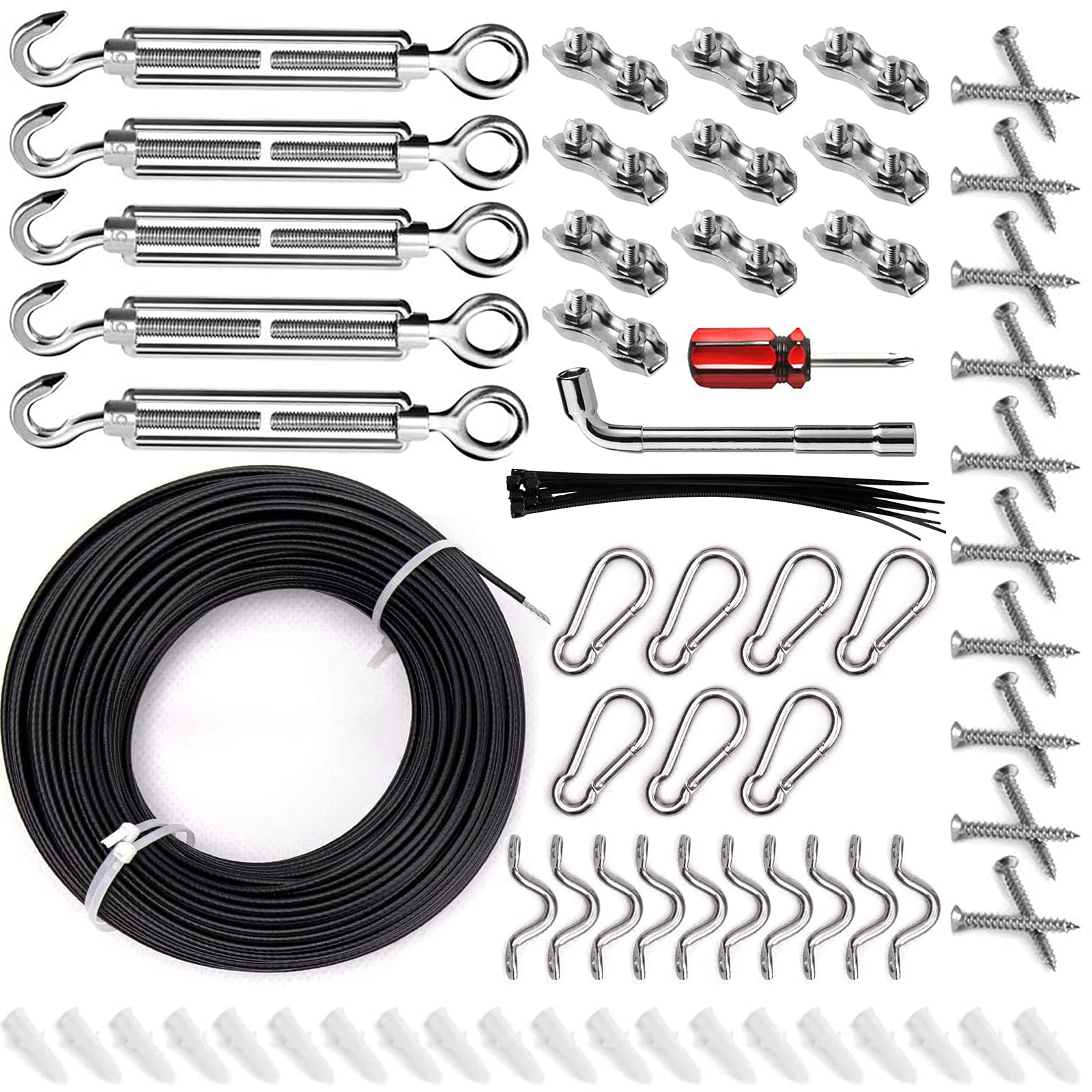 UGarden String Light Hanging Kit with 170ft Coated Stainless Steel 304 Tension Wire Rope, Outdoor Light Guide Wire kit, String Lights Suspension Kit