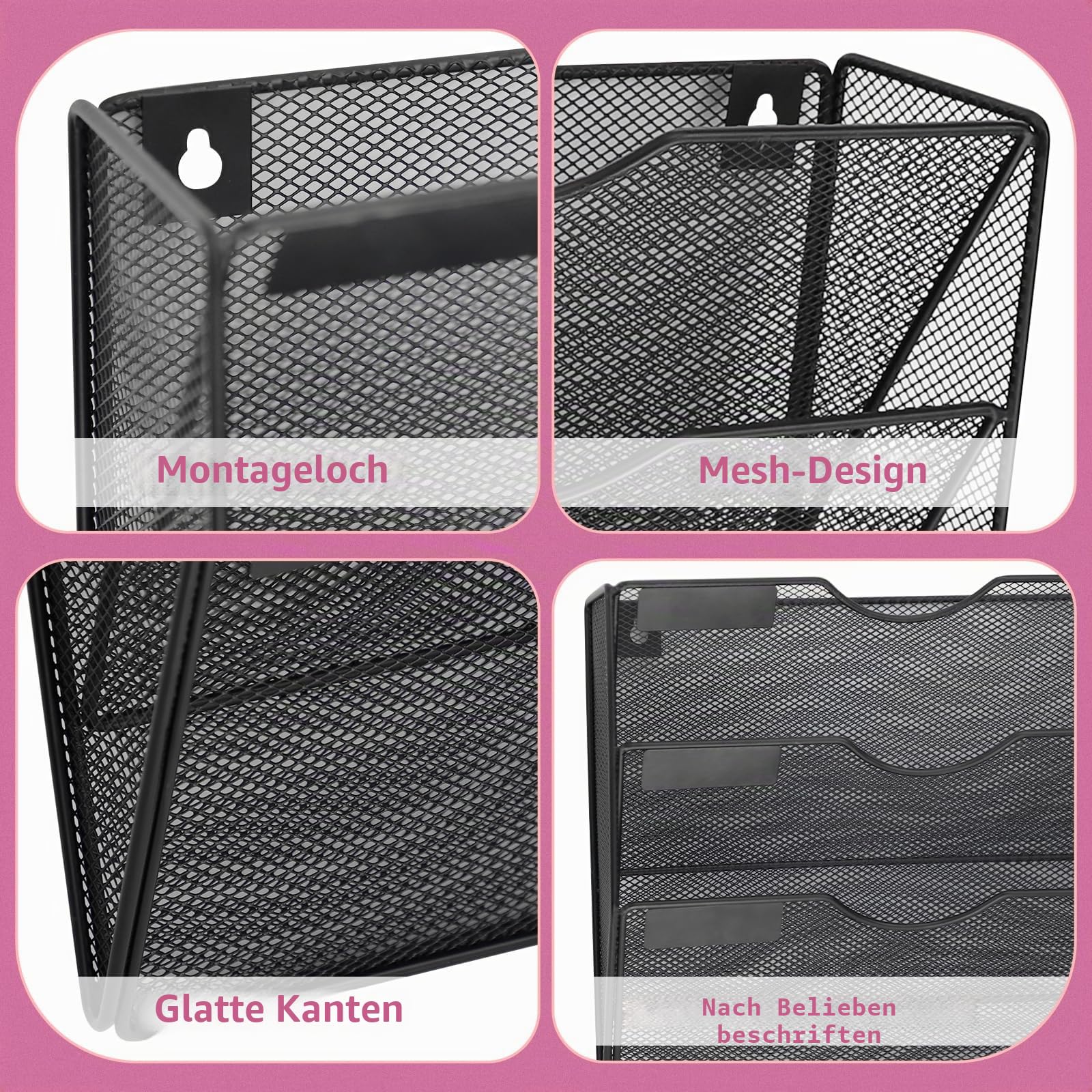 8-Fächer-Mesh-Wand-Aktenhalter Organizer Büro Hänge-Aktenordner Zeitschriften-Regal, Namensschild-Etikett-Haken-Set inklusive (Schwarz)