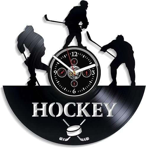 Reloj de pared deportivo de hockey con disco de vinilo vintage, reloj de pared retro, reloj de pared grande de hockey deportivo de 12 pulgadas,
