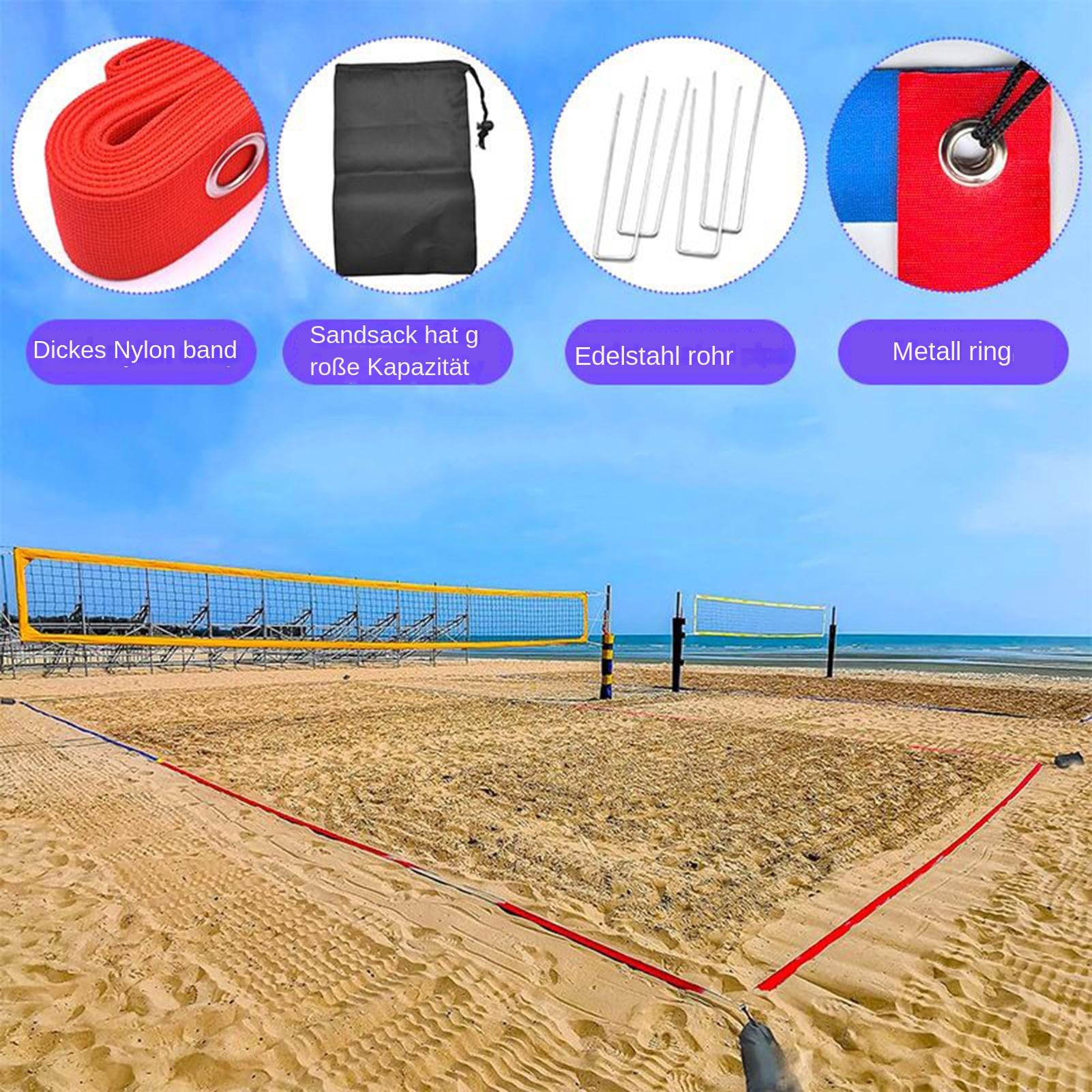 Bordure de volleyball d'extérieur - Lignes de volleyball de plage - Lignes de volleyball pour surface ouverte - Cordes de marquage flexibles - Pour volleyball simple - Pour exercices et jeux Picinc