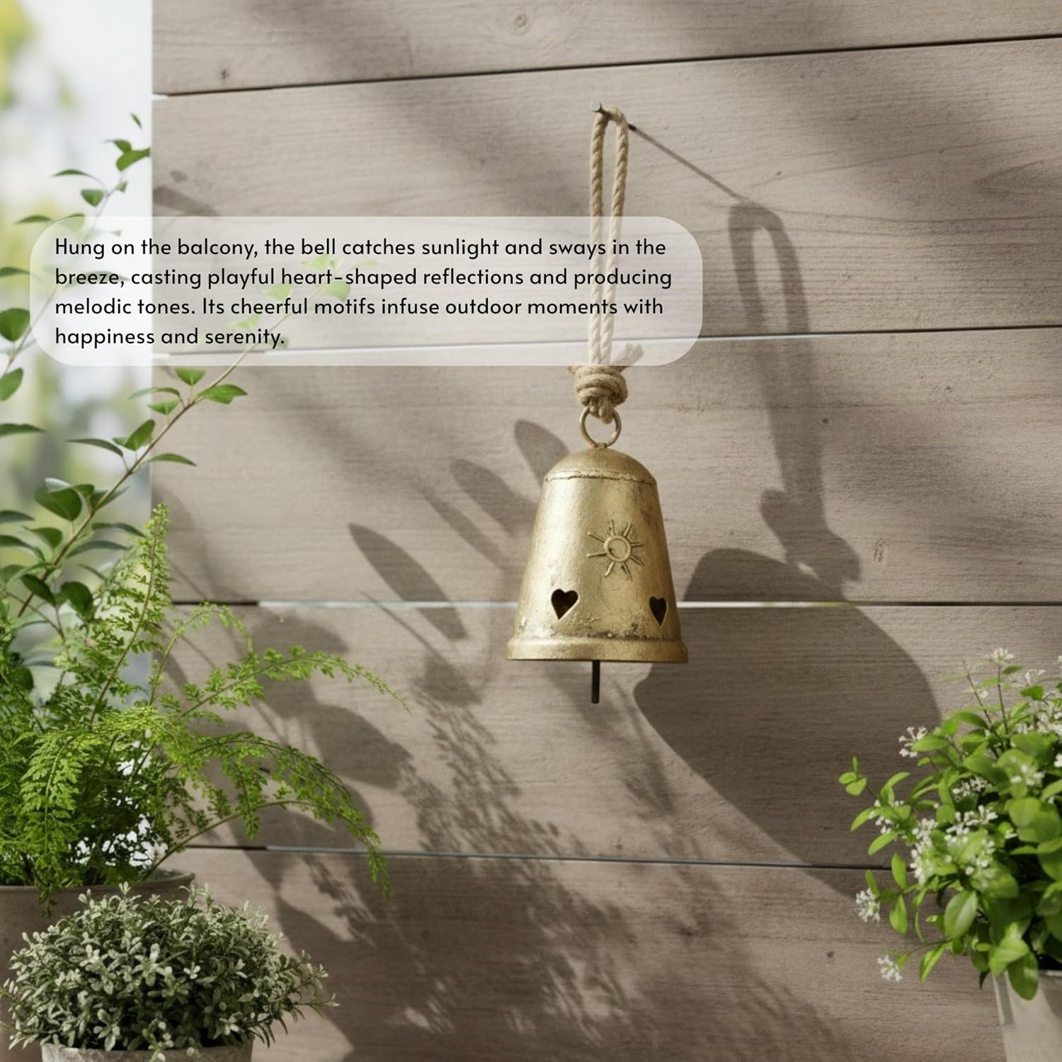 Handcrafted Iron Hanging Bell | Rustic Vintage Bell with Heart & Sun Cutouts | Jute Rope Bell for Home & Garden Décor Golden Finish (5.5" x 3.5")