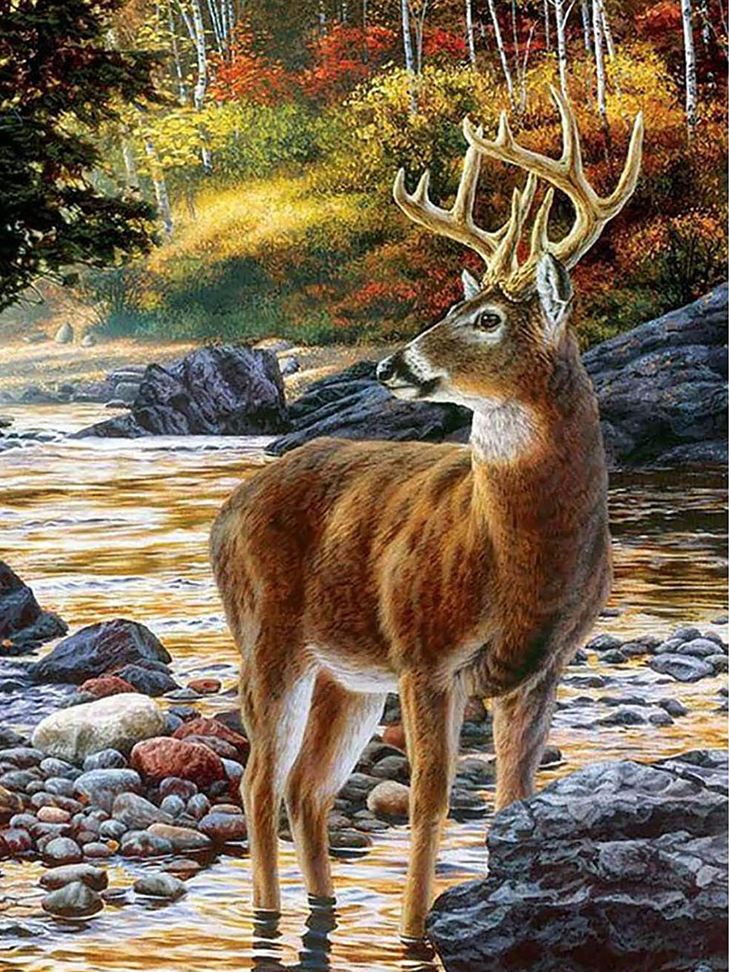 Kaliosy 5D Diamond Art Painting Elk Deer by Number Kits, Paint with Diamonds Art Landscape Riverside DIY Full Drill, Crystal Craft Cross Stitch Embroidery Decoration 30x40cm?12x16inch?
