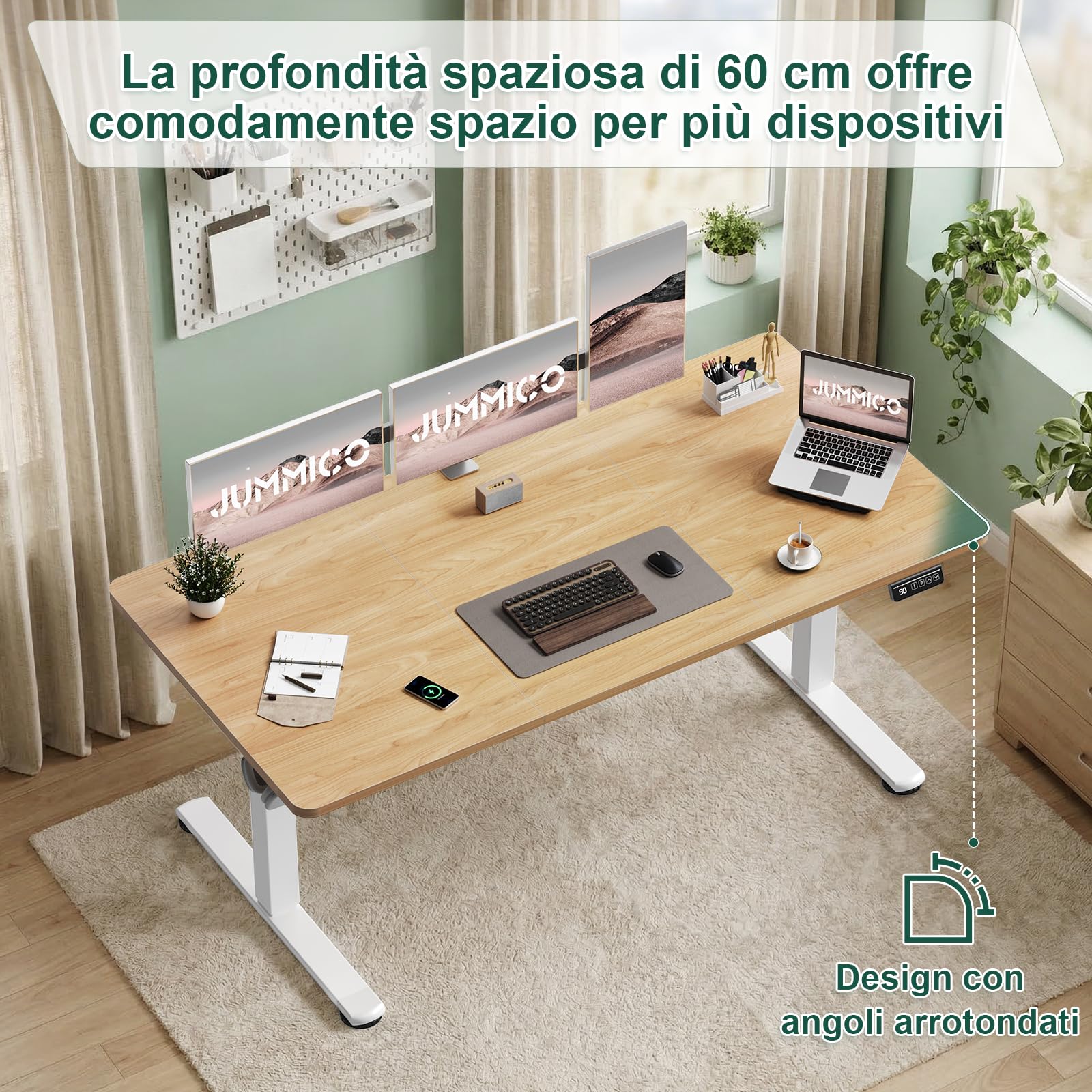 JUMMICO Scrivania regolabile in altezza 100×60 cm, telecomando a 4 tasti con funzione memoria, dotata di gancio, adatta per ufficio, studio e gaming, Beige