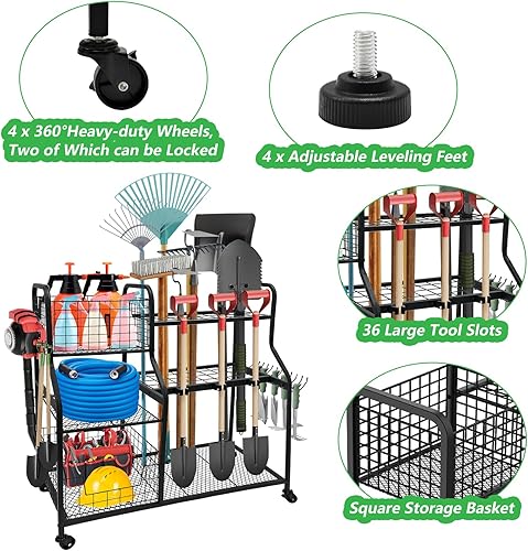 Miniatura 2 de Organizador de herramientas de jardín para garaje, organizador de herramientas de patio de 3 niveles y soporte de almacenamiento con ruedas, estante