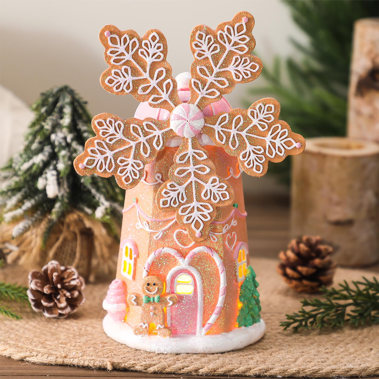 Wesiti Decoración de casa de pan de jengibre iluminada de Navidad de 9.5 pulgadas, figuras de molino de viento de Navidad hechas a mano, decoración navideña para fiesta, centro de mesa, mantel, mesa