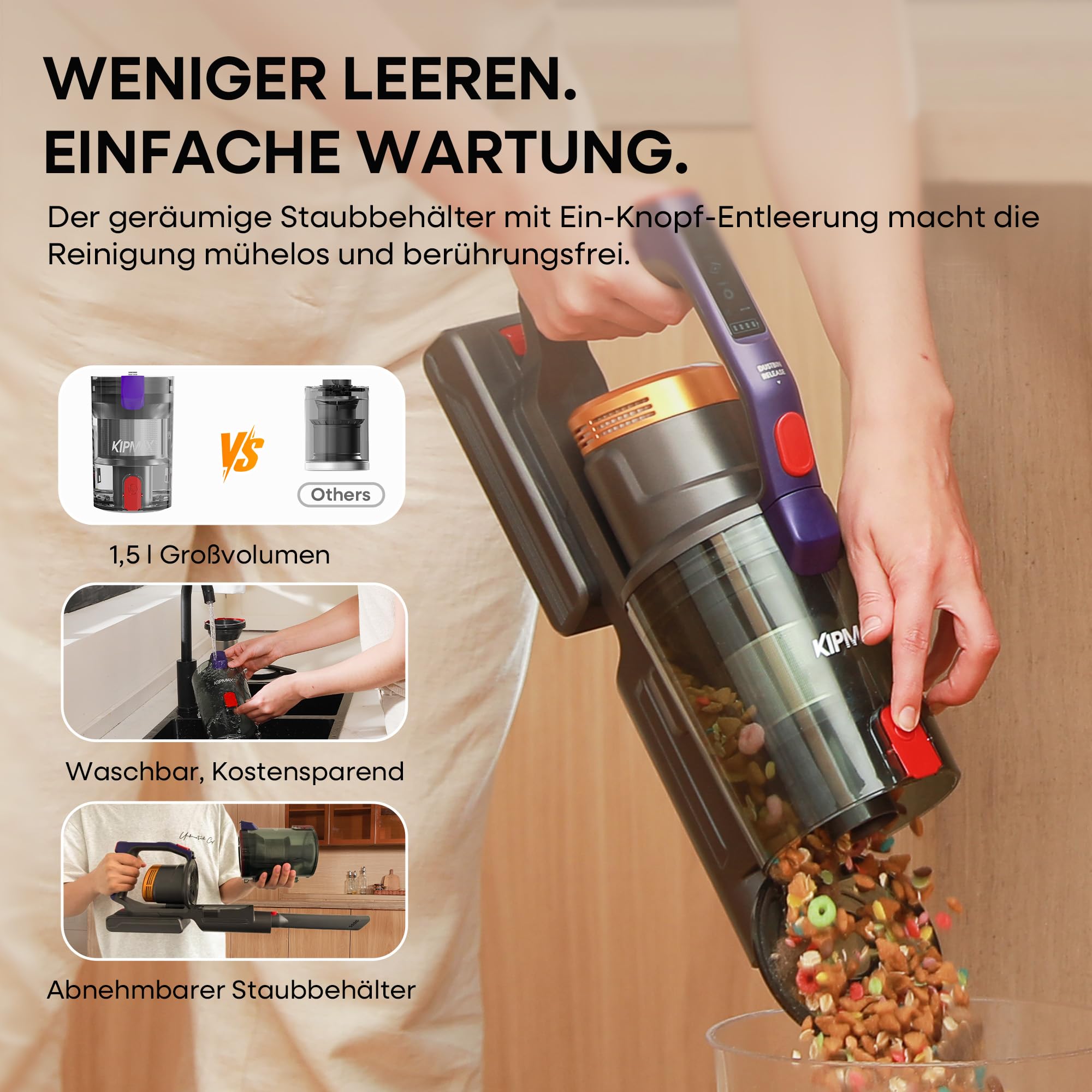 KIPMAX Akku Staubsauger 50000Pa/550W/70Min,1.5L akku Staubsauger Kabellos mit Display,Anti-Tangle-Bürste,7-Schicht-Filtra & Duftfunktion für Teppiche/Tierhaar/Hartböden