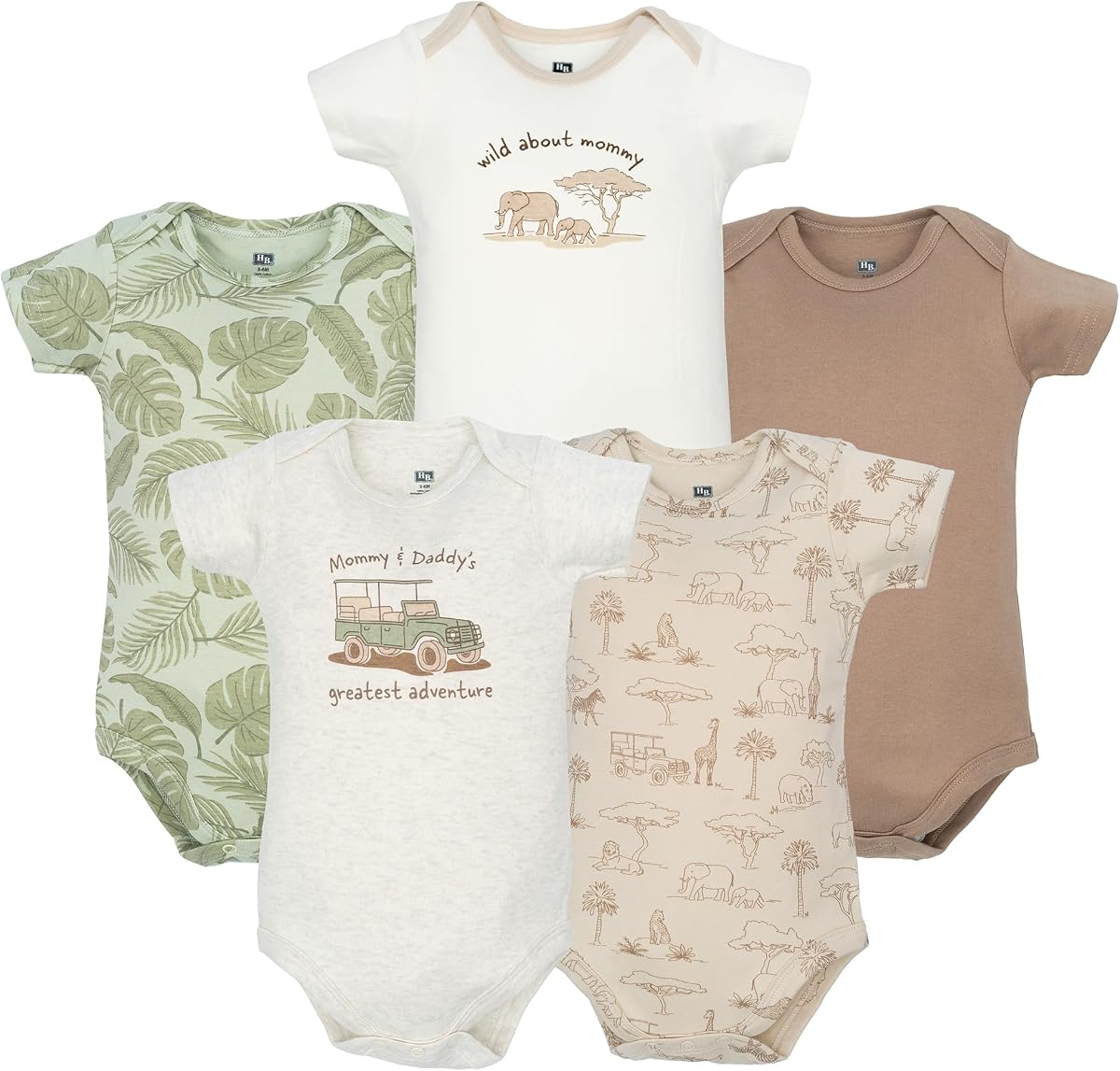 Hudson Baby Body de algodón para niños, paquete de 5, color beige Safari, recién nacido