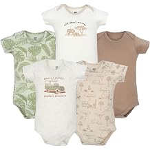 Hudson Baby Infant Boys Cotton Bodysuits 5-Pack, Beige Safari, 9-12 Months