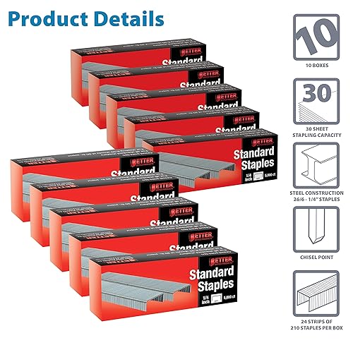 Miniatura 3 de Better Office Products 50,000 grapas, 10 paquetes de 5,000 unidades, 26/6, 1/4 pulgadas, puntas de punta de cincel, grapas sin atascos, se adapta a