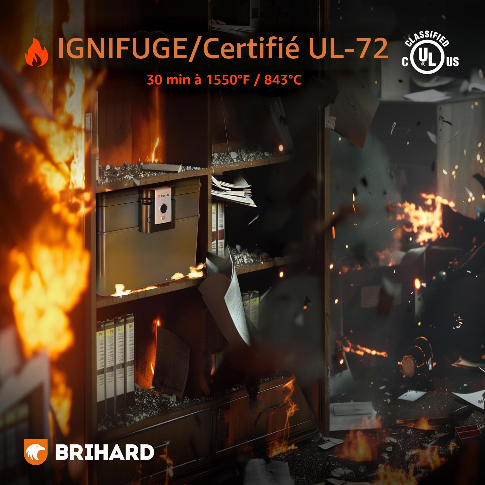 Coffre-Fort Portable Ignifuge 2037 A4 XXL – Coffre Sécurisé Étanche avec Serrure à Clé, Rangement Documents A4, Objets de Valeur H32.9×L40.7×P32.1cm